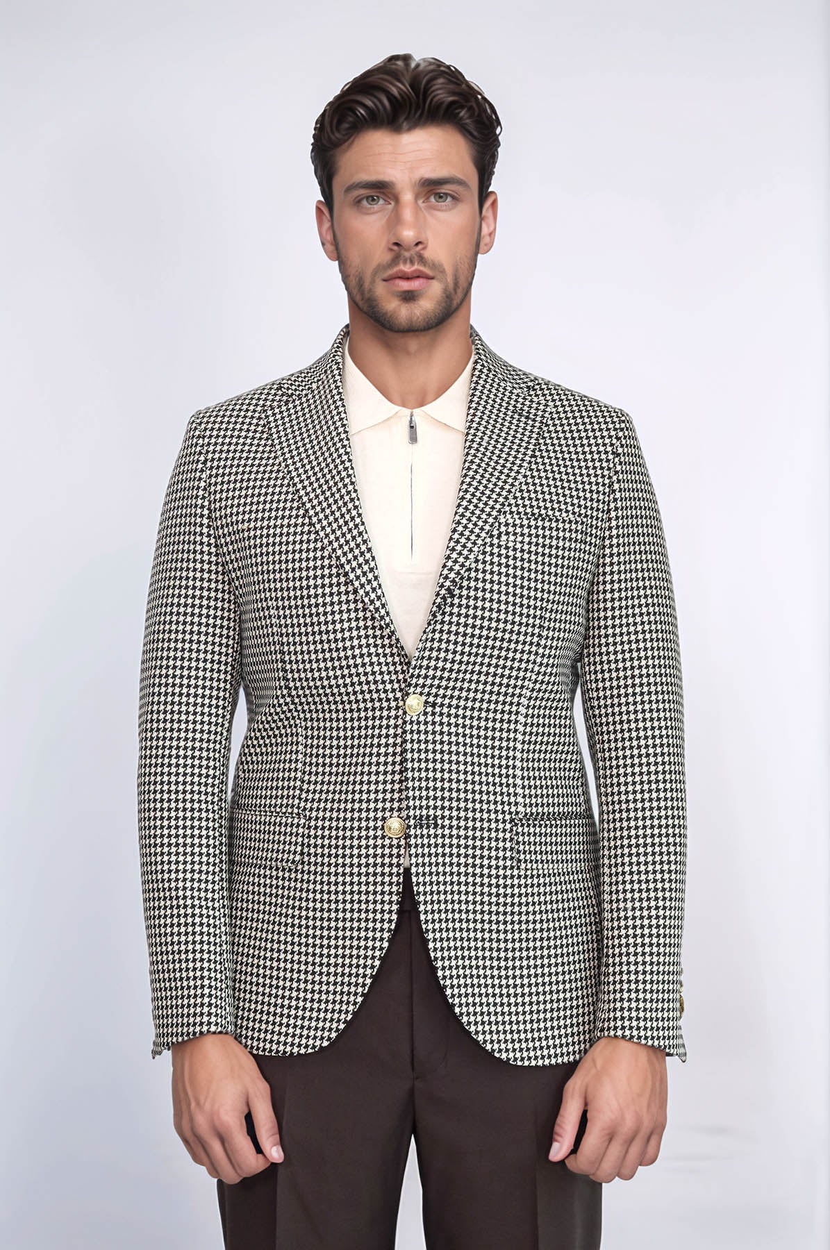 Black & Cream Houndstooth Pattern Gold Metal Button Slim Fit Men's Blazer Jacket