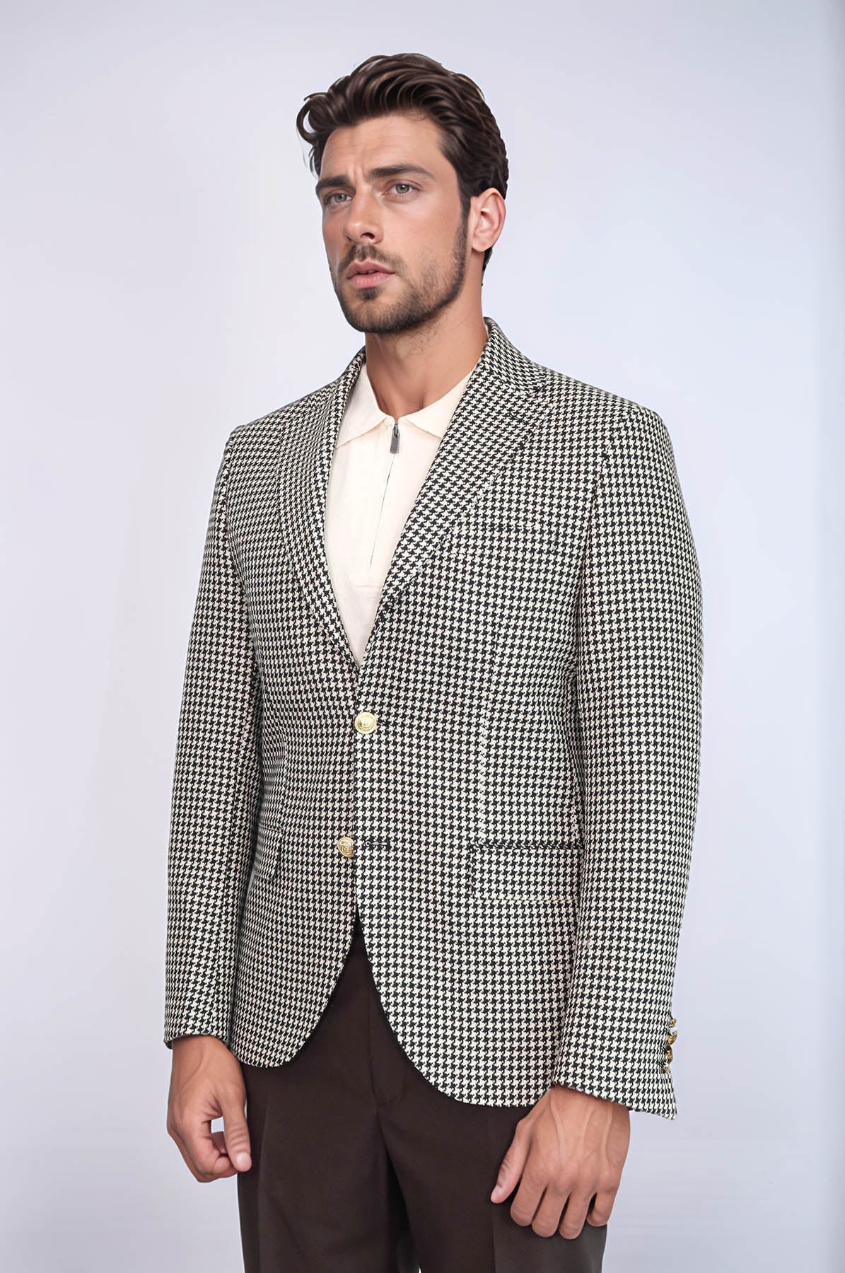 Black & Cream Houndstooth Pattern Gold Metal Button Slim Fit Men's Blazer Jacket