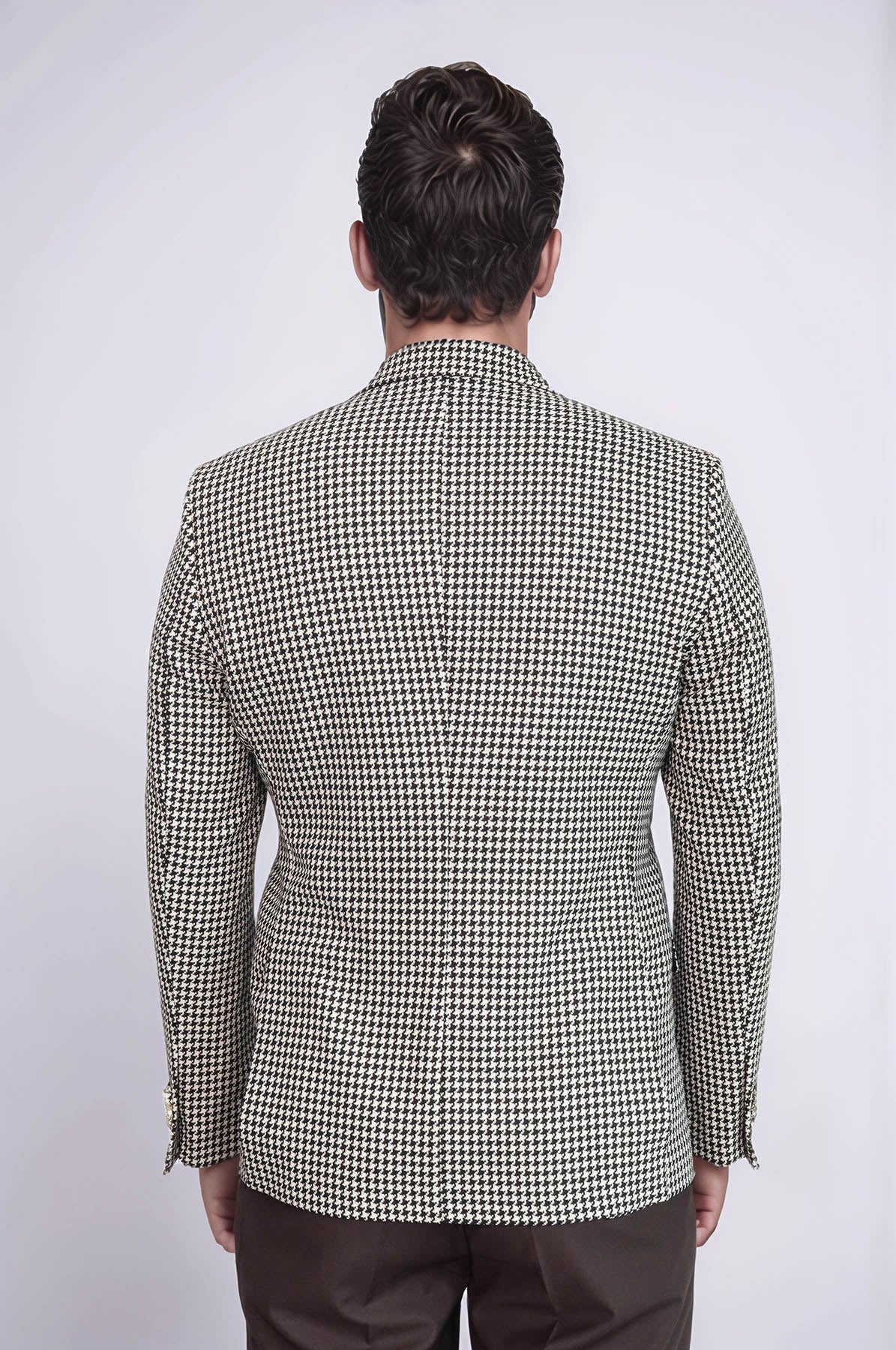 Black & Cream Houndstooth Pattern Gold Metal Button Slim Fit Men's Blazer Jacket