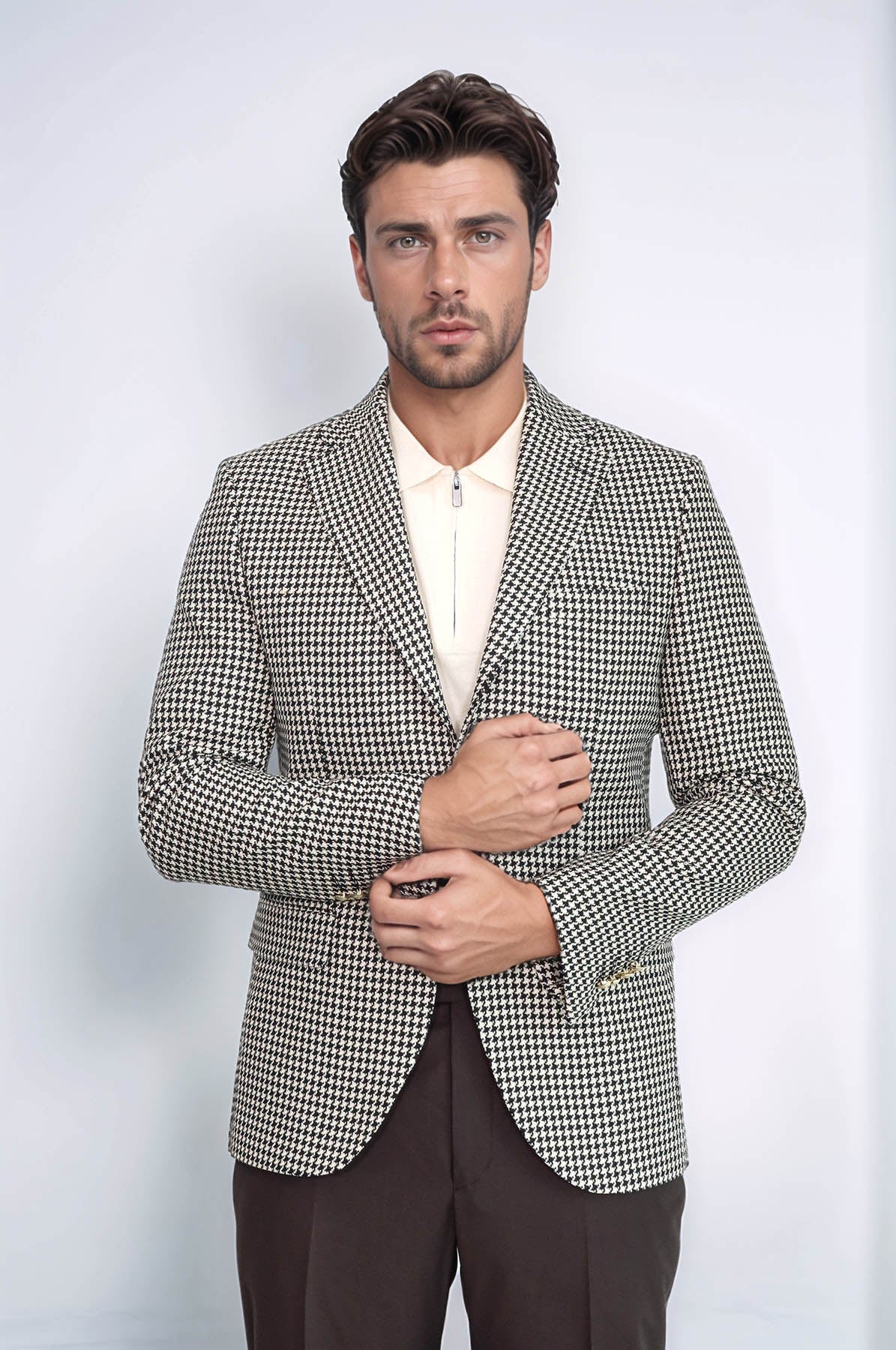 Black & Cream Houndstooth Pattern Gold Metal Button Slim Fit Men's Blazer Jacket