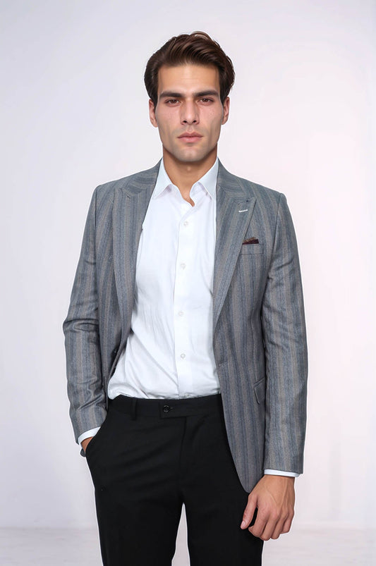Striped Slim Fit Men Grey Blazer