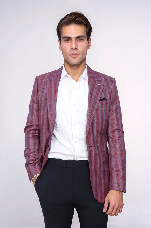 Striped Slim Fit Single Button Burgundy Men Blazer