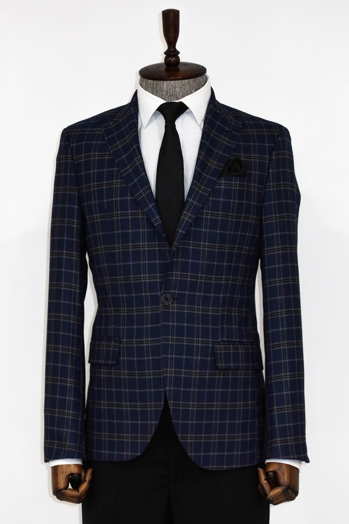 Checked Navy Blue Men Blazer and Trousers Combination