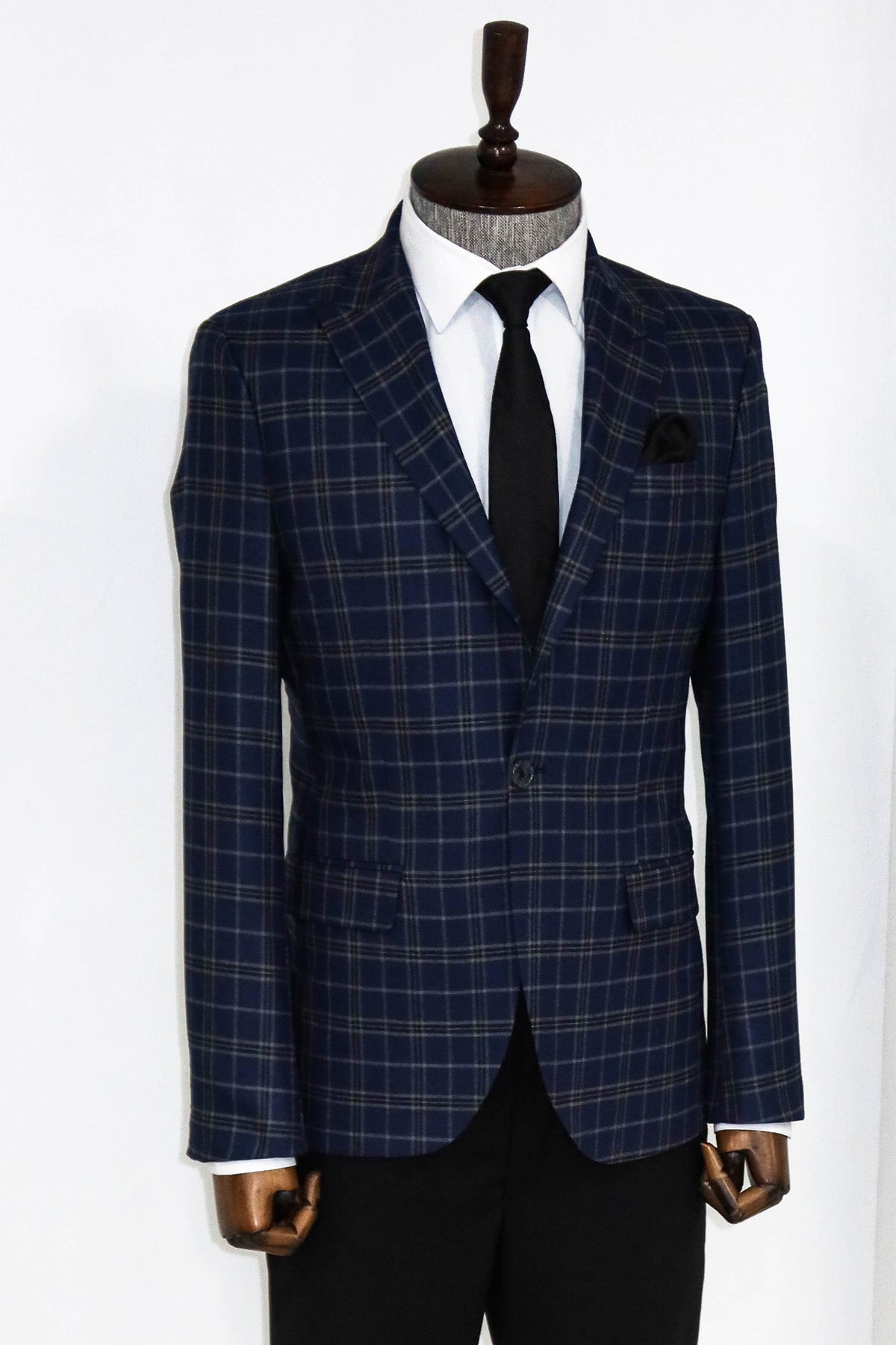 Checked Navy Blue Men Blazer and Trousers Combination