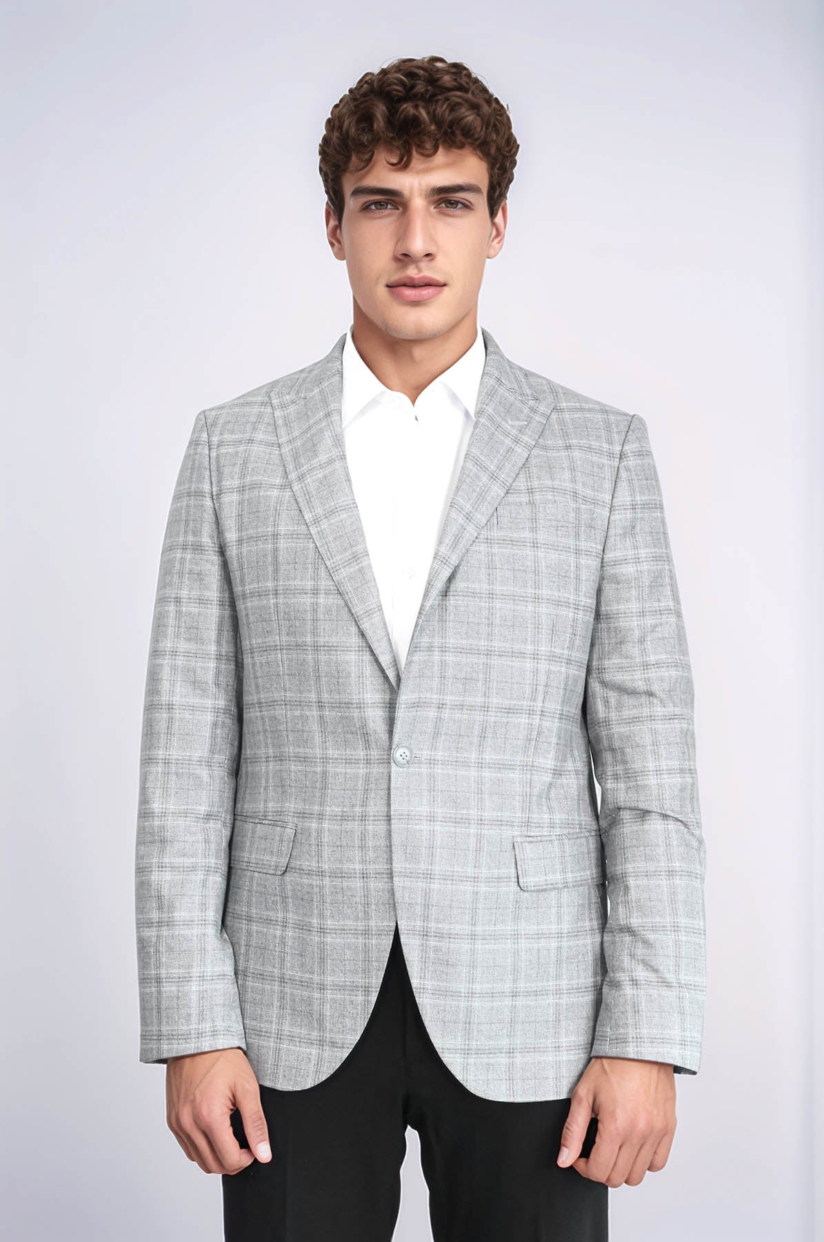 Slim Fit Peak Lapel Checked Grey Men Blazer - Wessi