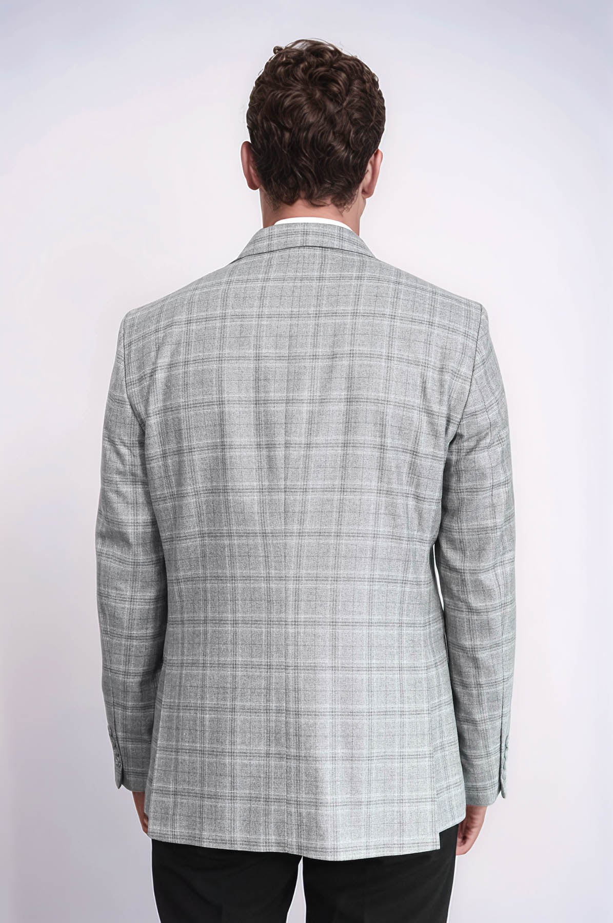 Slim Fit Peak Lapel Checked Grey Men Blazer - Wessi