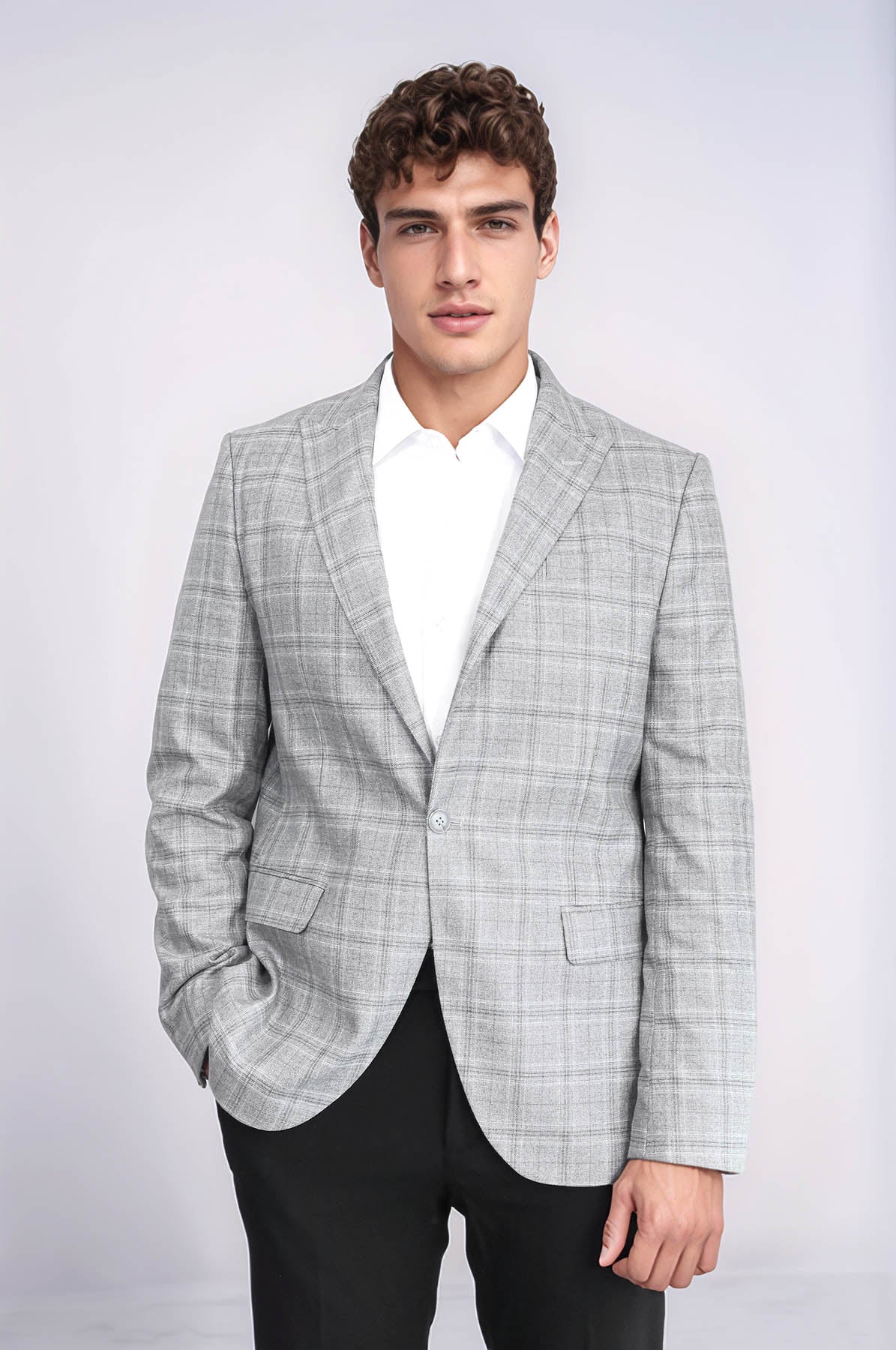 Slim Fit Peak Lapel Checked Grey Men Blazer - Wessi