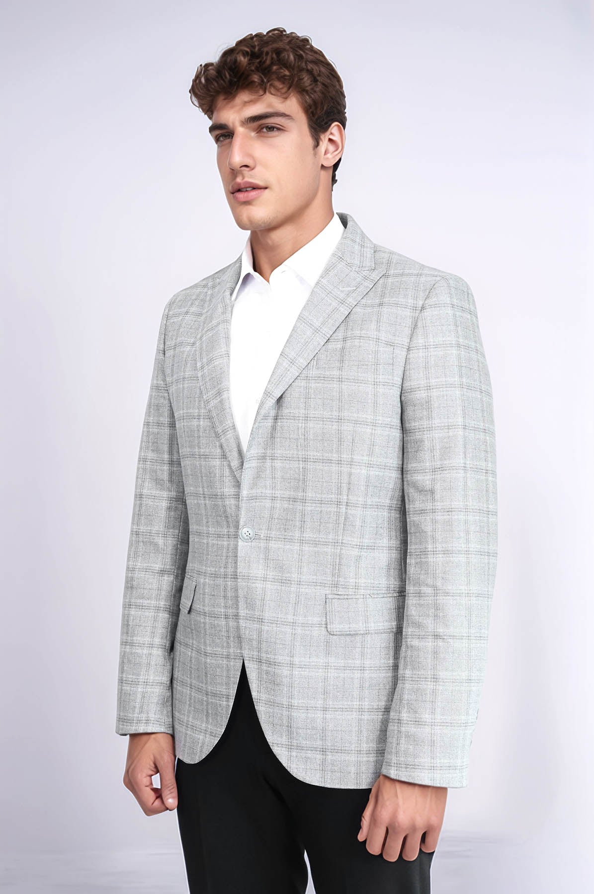 Slim Fit Peak Lapel Checked Grey Men Blazer - Wessi