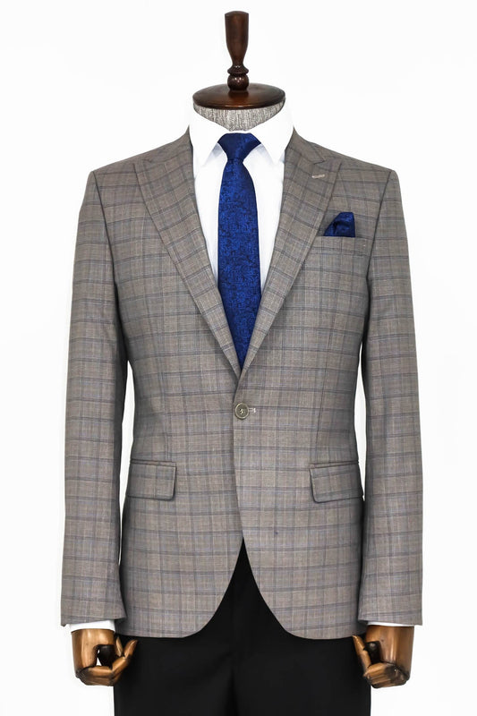 Slim Fit Peak Lapel Checked Grey Men Blazer