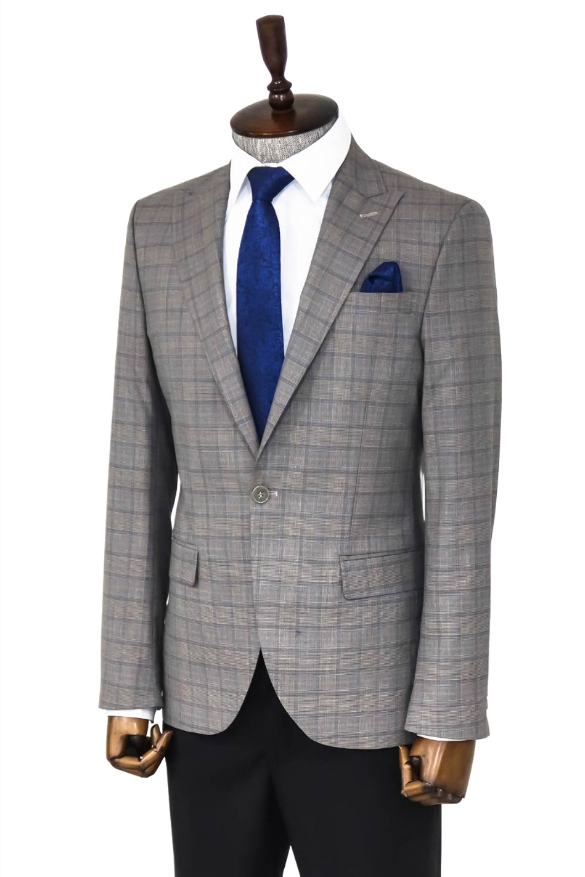 Slim Fit Peak Lapel Checked Grey Men Blazer - Wessi