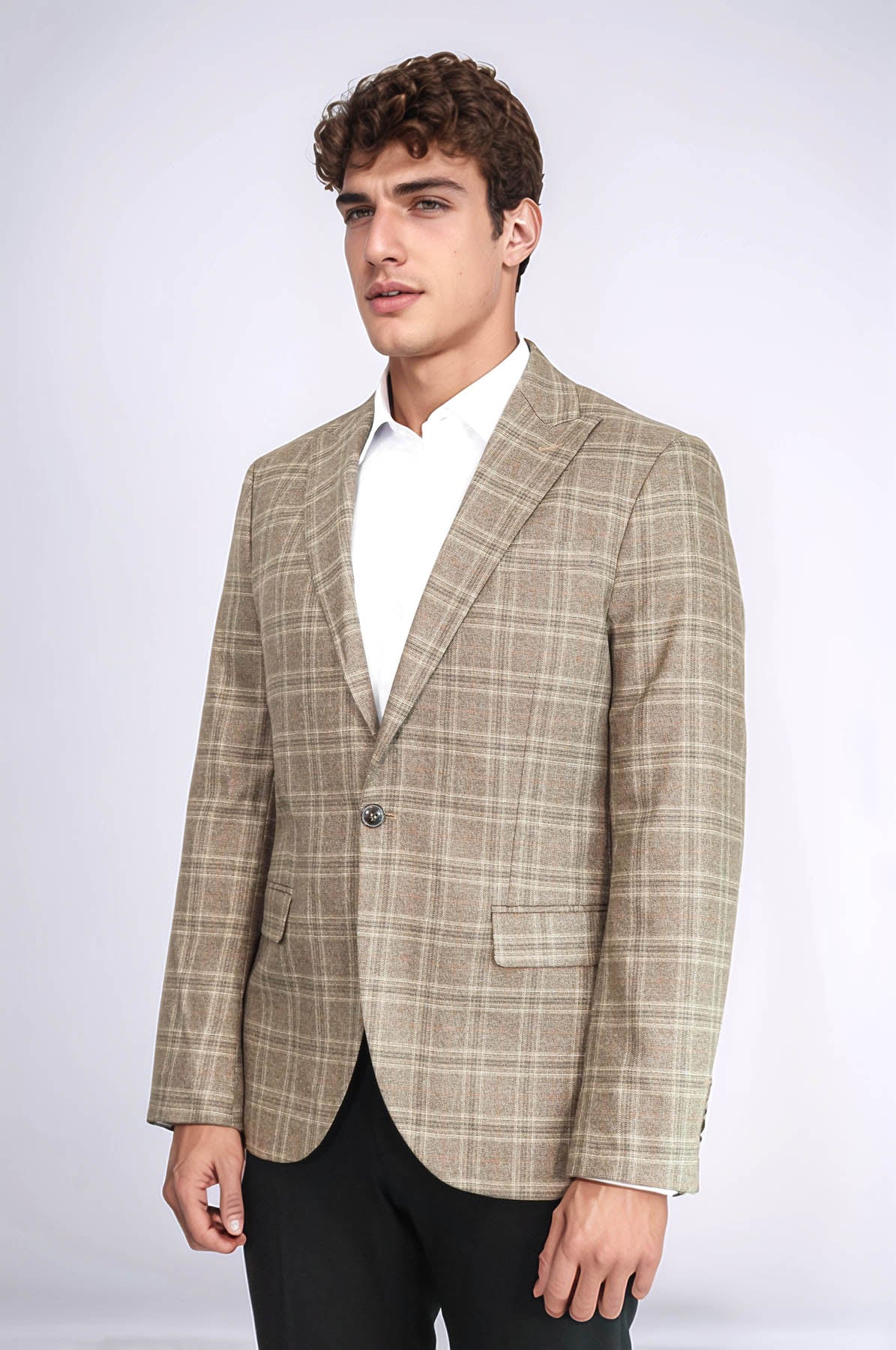 Slim Fit Peak Lapel Checked Grey Men Blazer - Wessi