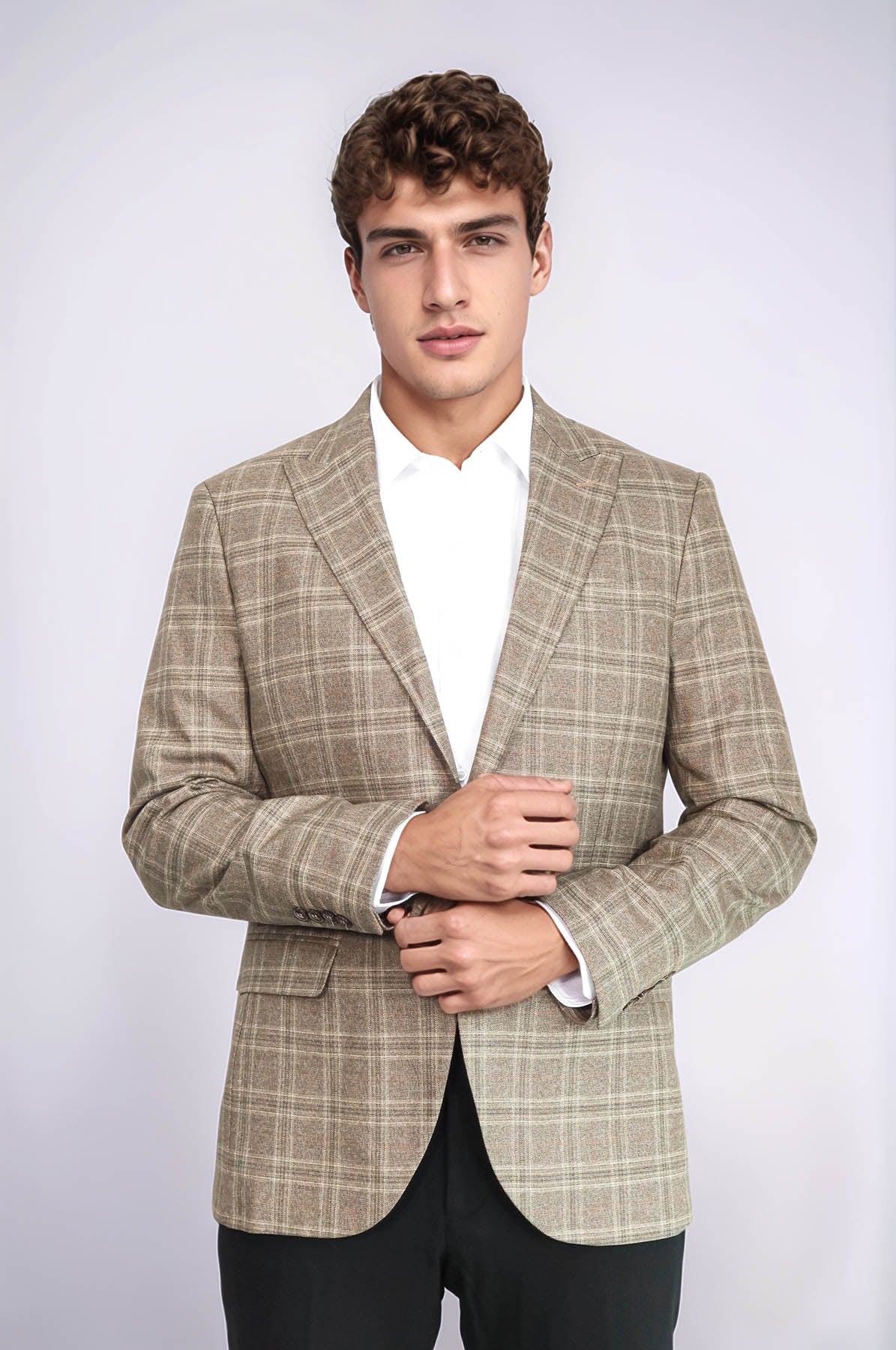 Slim Fit Peak Lapel Checked Grey Men Blazer - Wessi