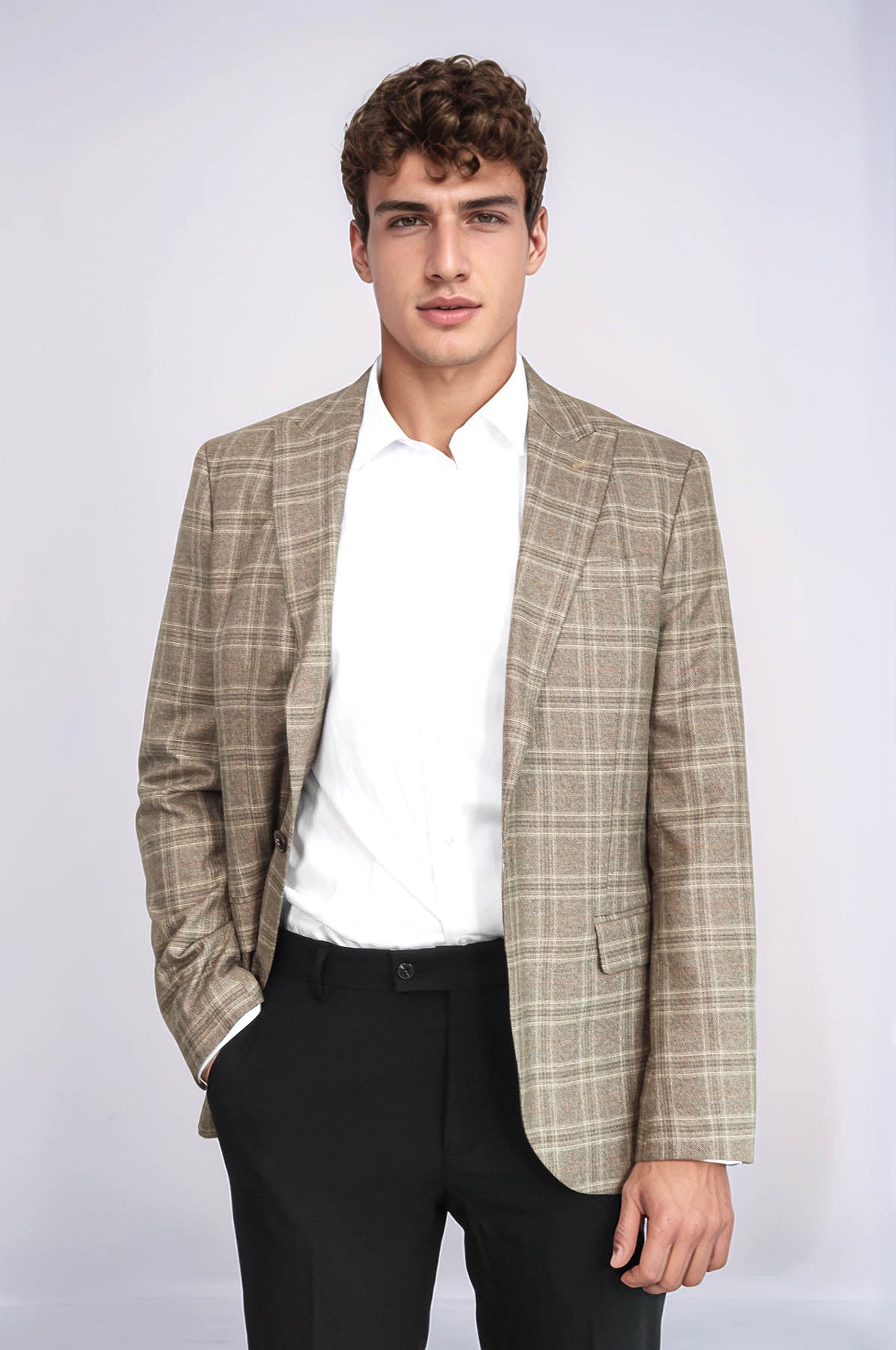 Slim Fit Peak Lapel Checked Grey Men Blazer - Wessi