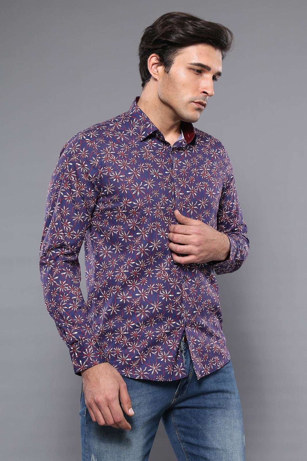 KOALA SYDNEY Flower Patterned Long Sleeves Navy Blue Men Shirt
