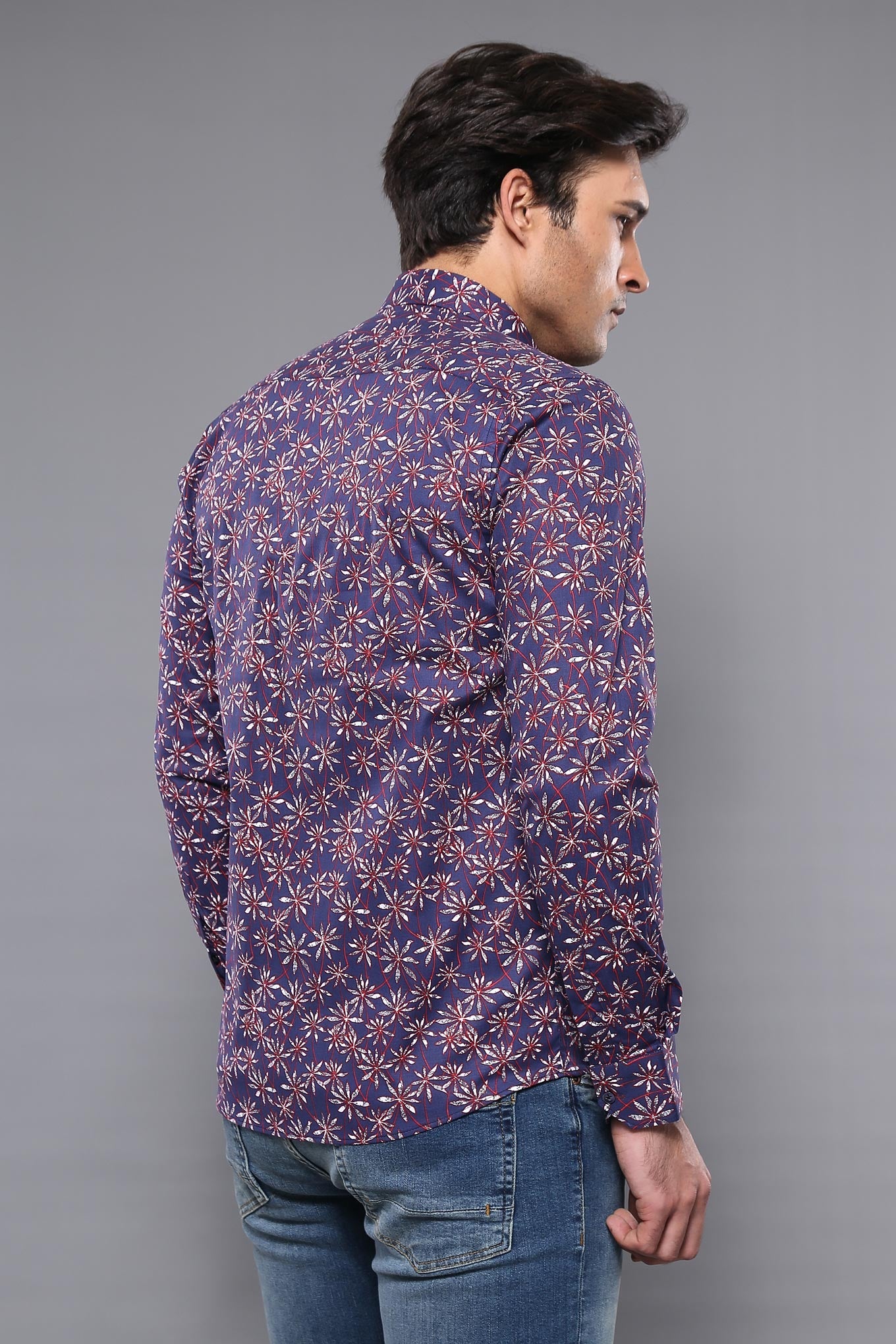 KOALA SYDNEY Flower Patterned Long Sleeves Navy Blue Men Shirt