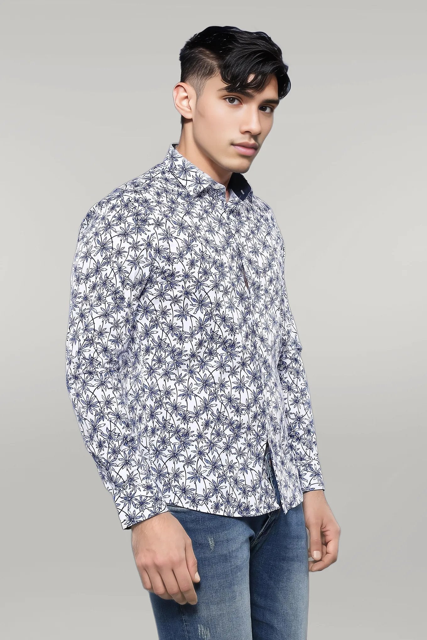 KOALA SYDNEY Blue Floral Patterned Long Sleeve White Men Shirt -