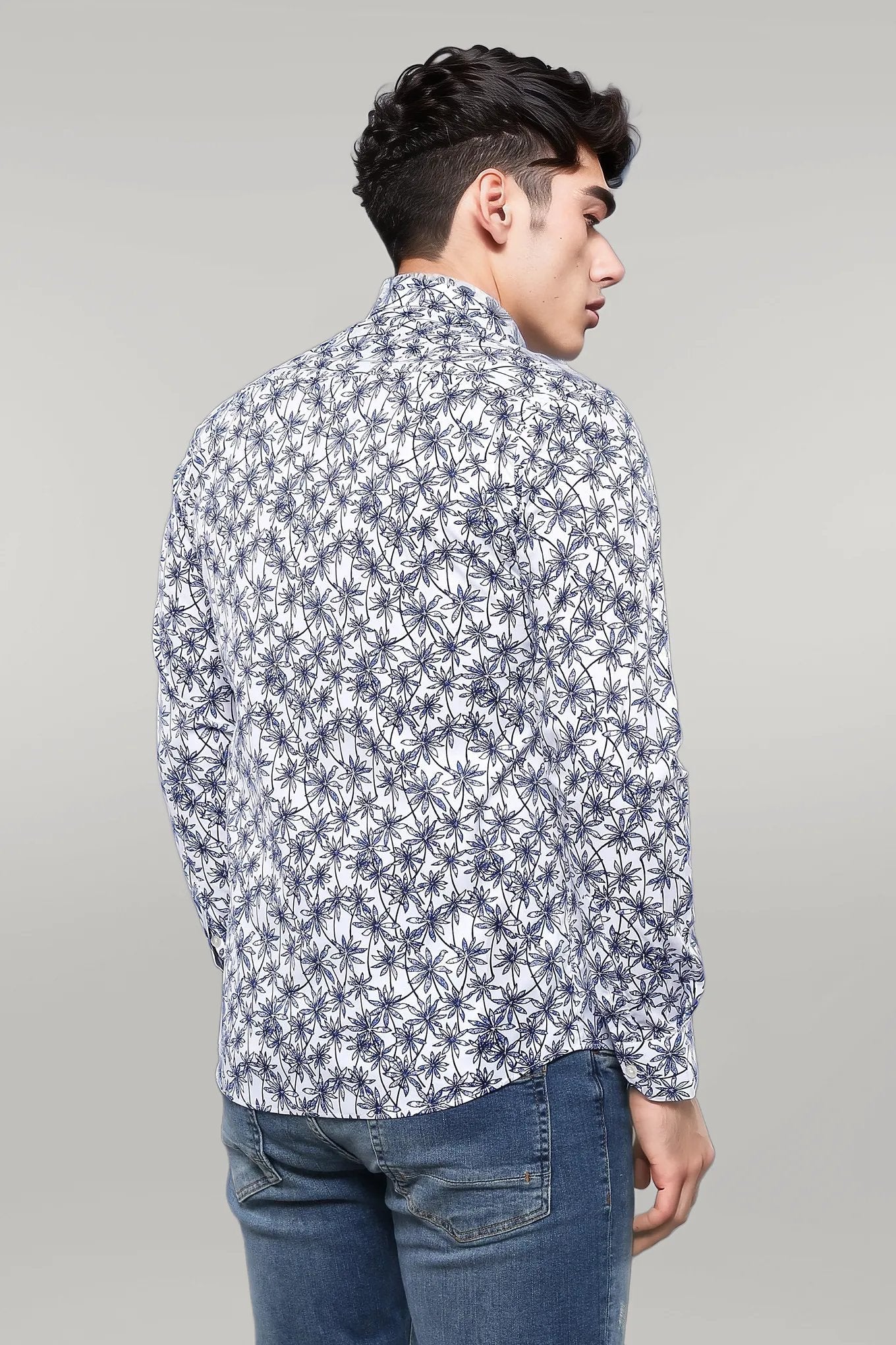 KOALA SYDNEY Blue Floral Patterned Long Sleeve White Men Shirt -