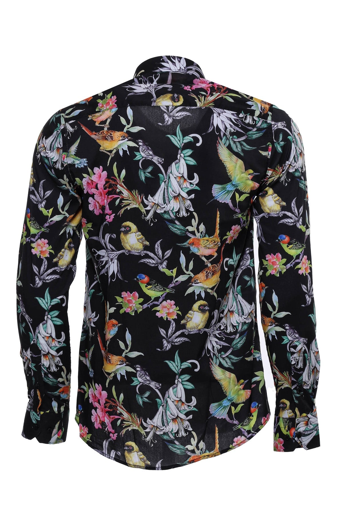 KOALA SYDNEY Birds And Flowers Patterned Slim Fit Long Sleeves Black Men Shirt -