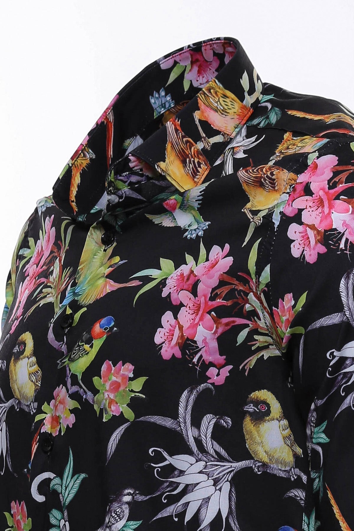 KOALA SYDNEY Birds And Flowers Patterned Slim Fit Long Sleeves Black Men Shirt -
