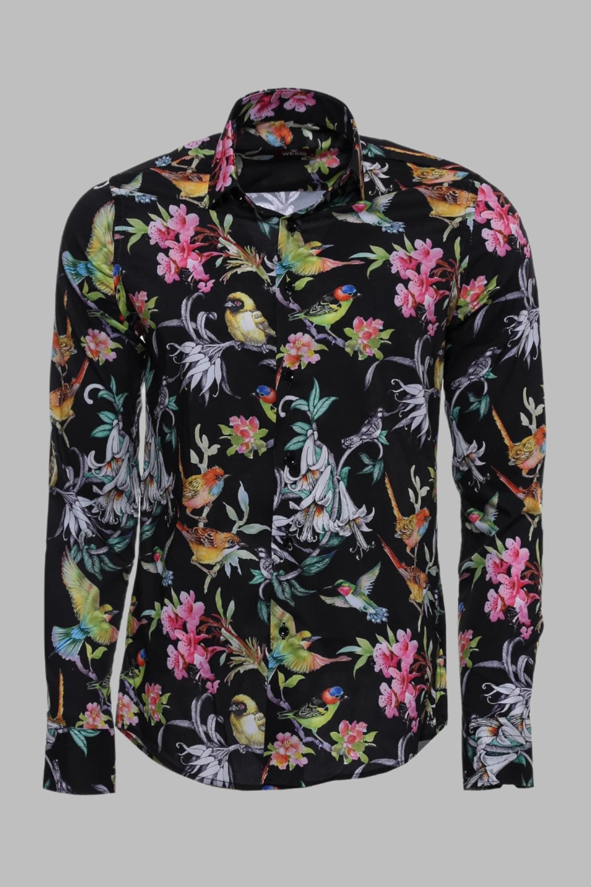 KOALA SYDNEY Birds And Flowers Patterned Slim Fit Long Sleeves Black Men Shirt -