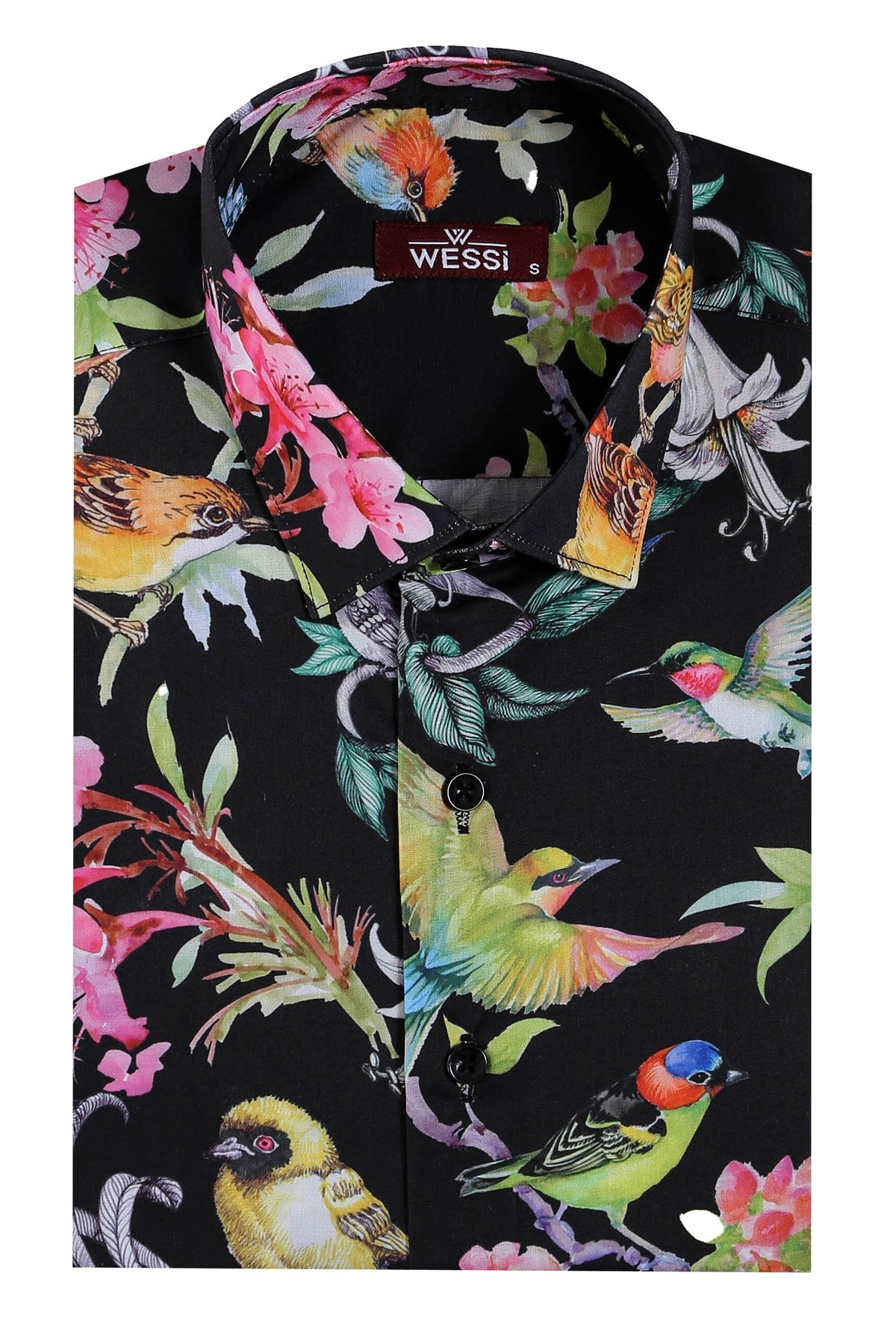 KOALA SYDNEY Birds And Flowers Patterned Slim Fit Long Sleeves Black Men Shirt -