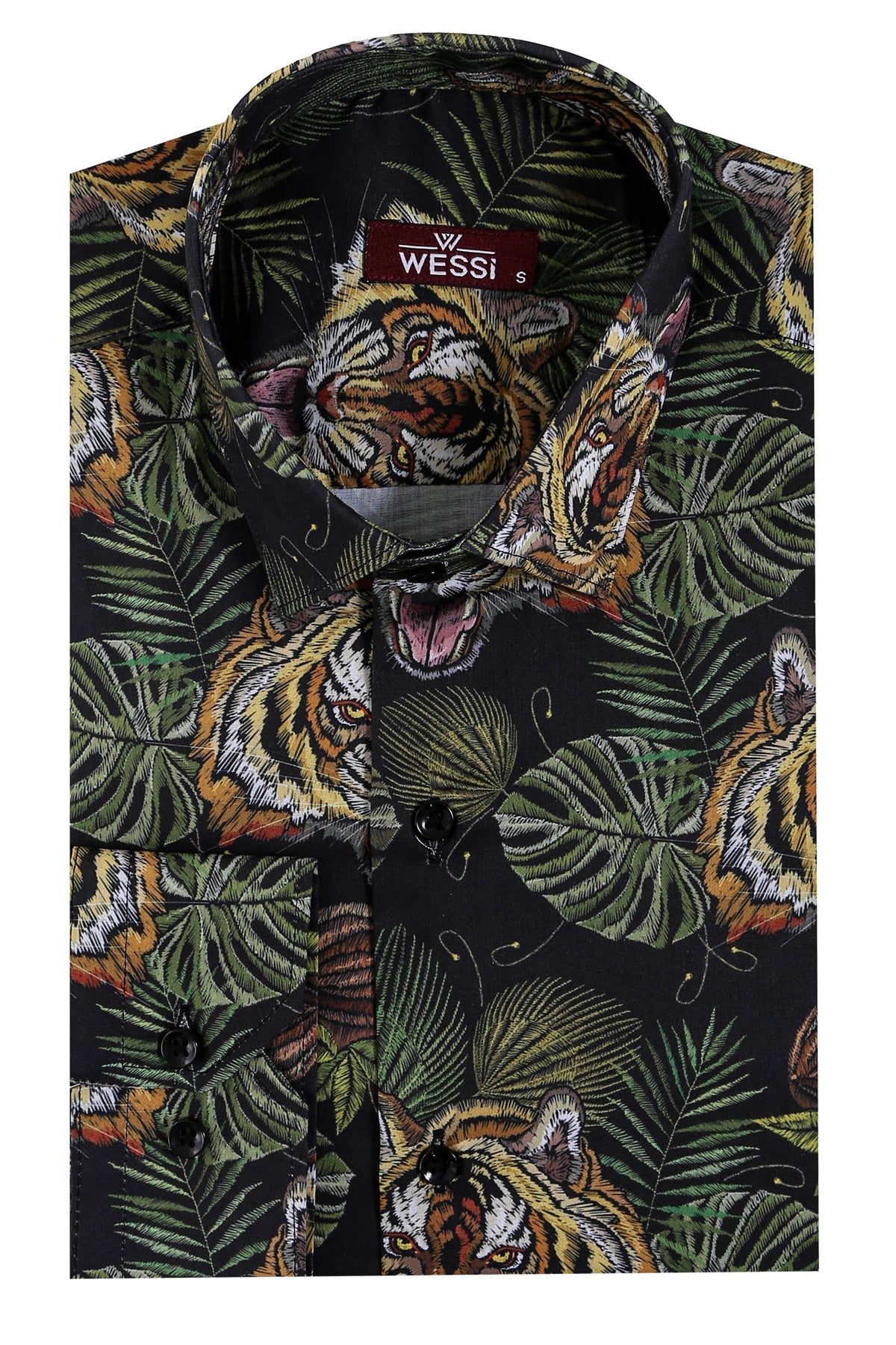 KOALA SYDNEY Yellow Black Leaf Patterned Long Sleeves White Men Shirt -