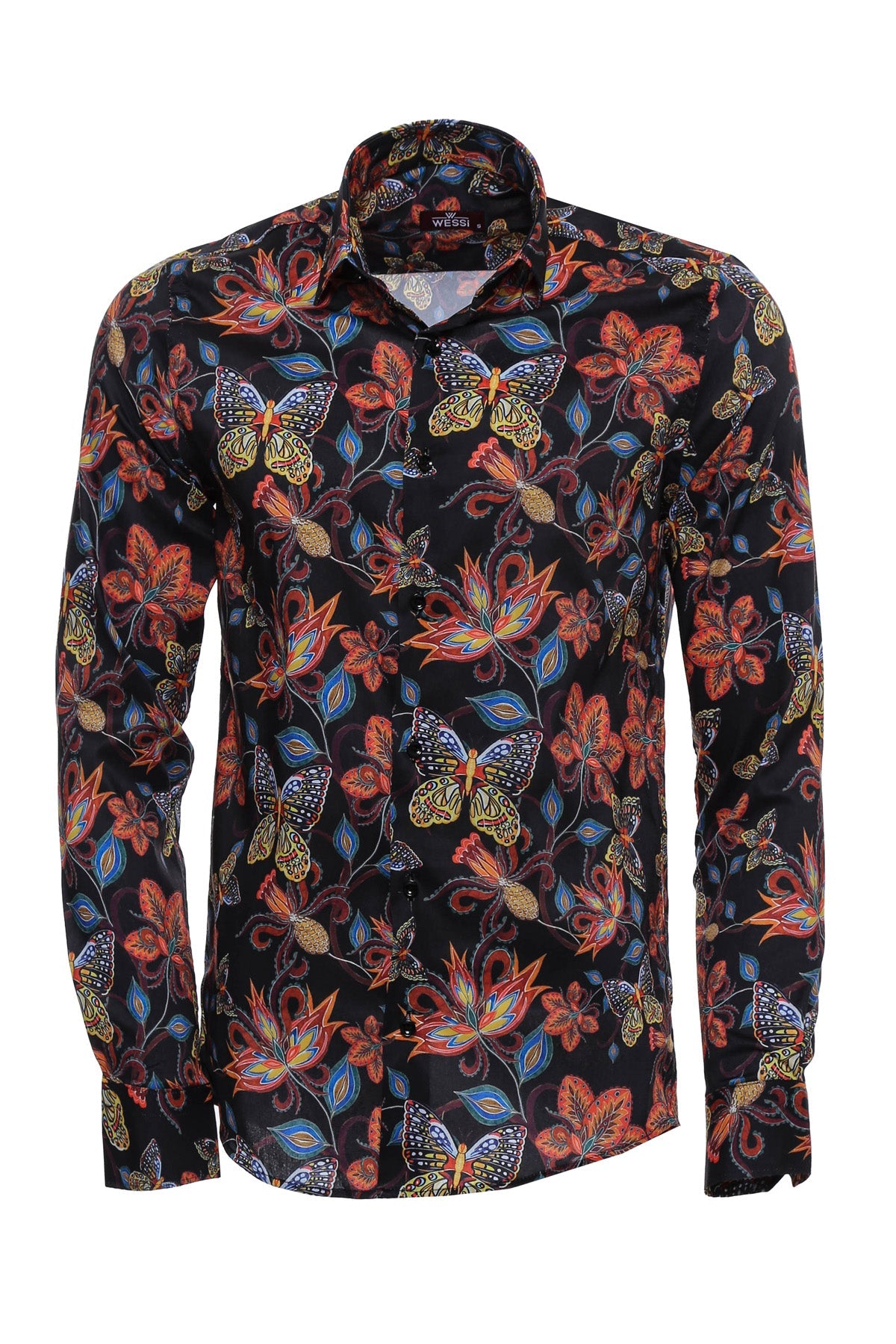 Tiger Patterned Slim Fit Long Sleeves Black Men Shirt -