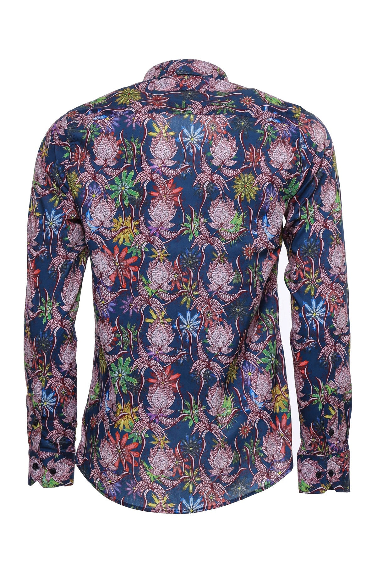 Tiger And Leaf Patterned Long Sleeves Slim Fit Blue Men Shirt