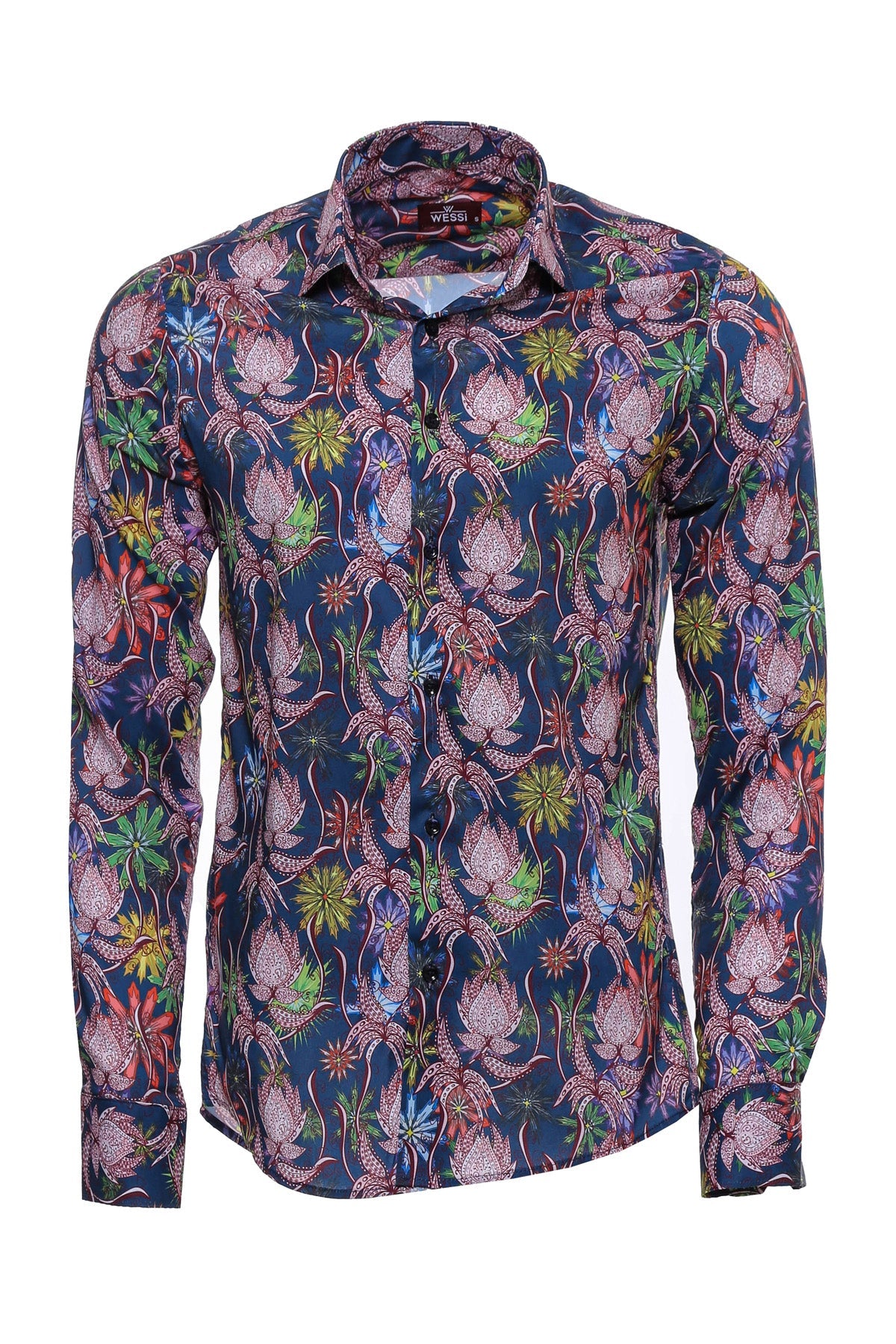Tiger And Leaf Patterned Long Sleeves Slim Fit Blue Men Shirt
