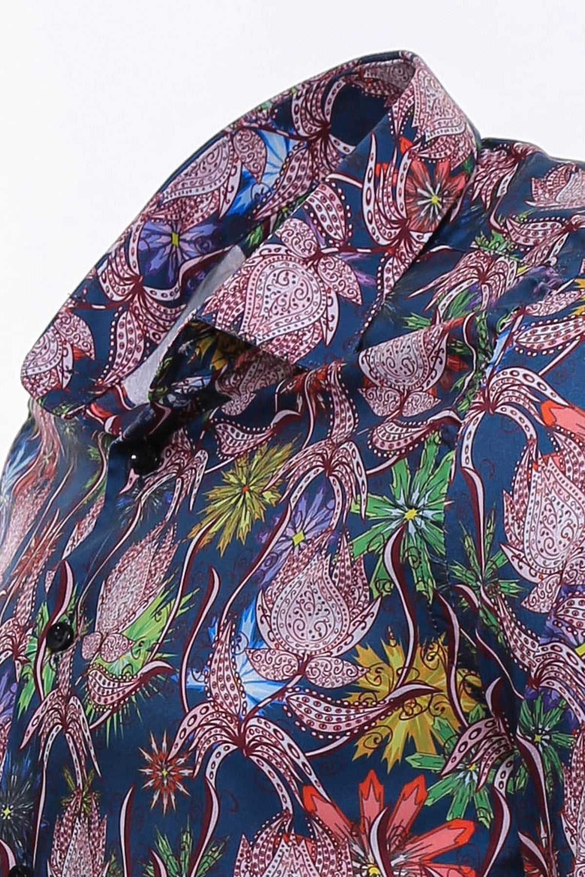 Tiger And Leaf Patterned Long Sleeves Slim Fit Blue Men Shirt
