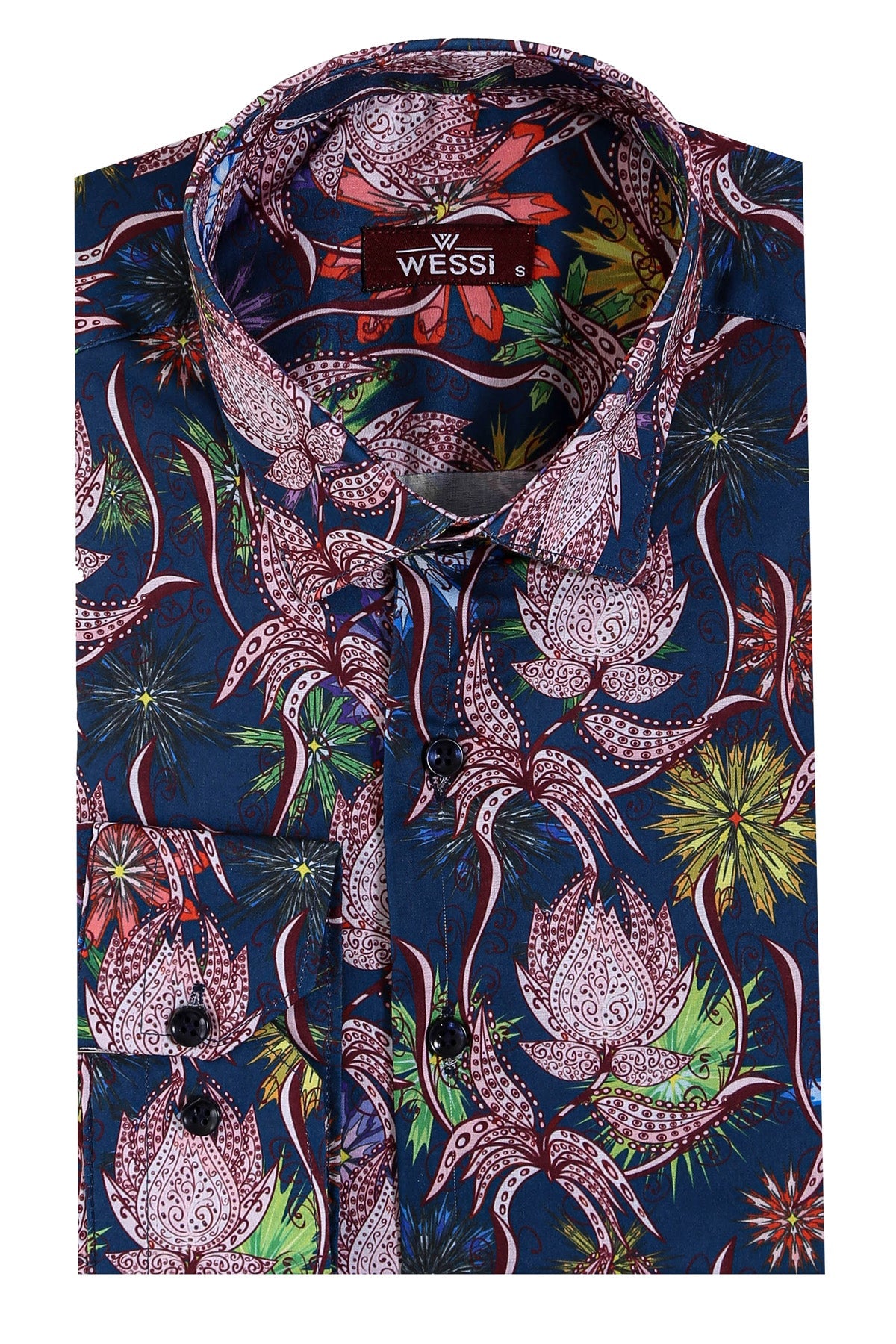 Tiger And Leaf Patterned Long Sleeves Slim Fit Blue Men Shirt