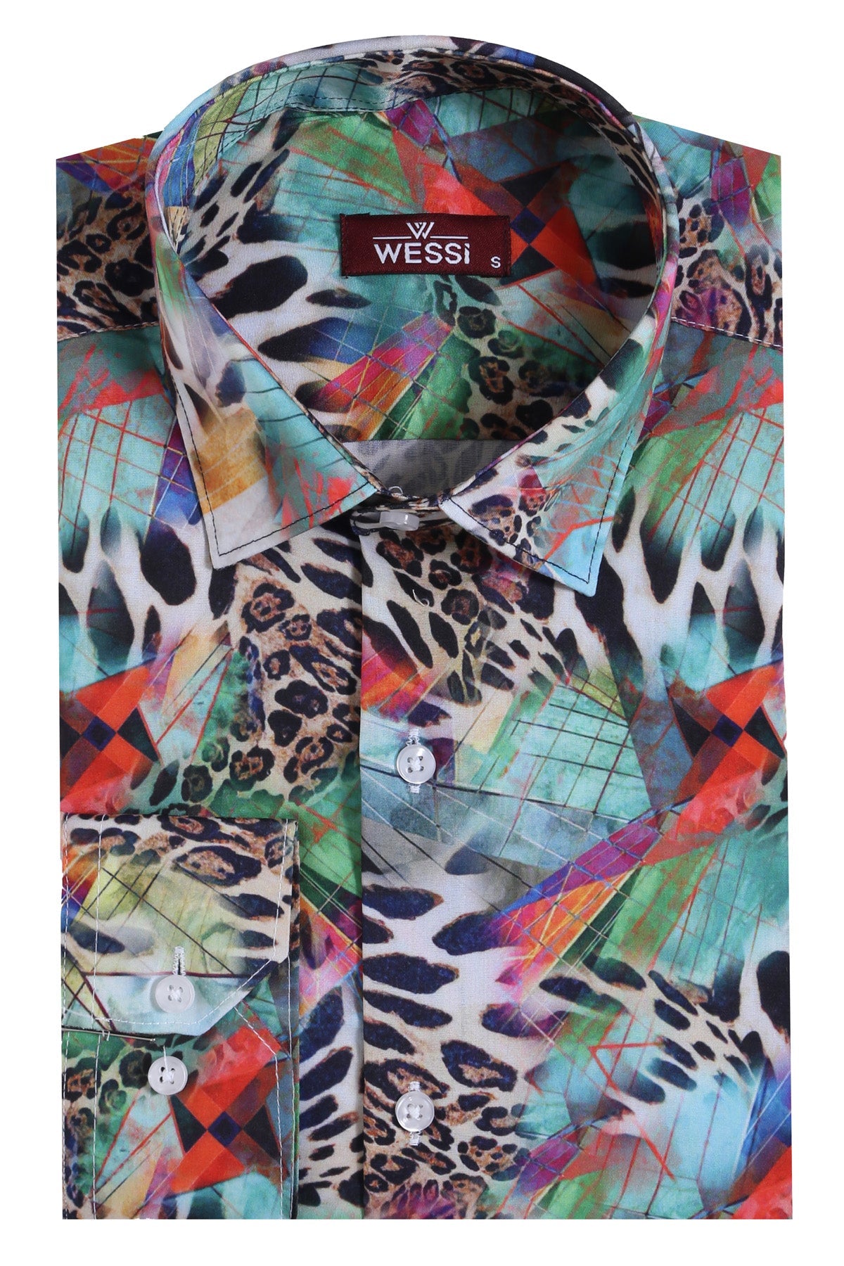 Leopard Pattern Slim Fit Long Sleeves Multicolor Men Shirt -