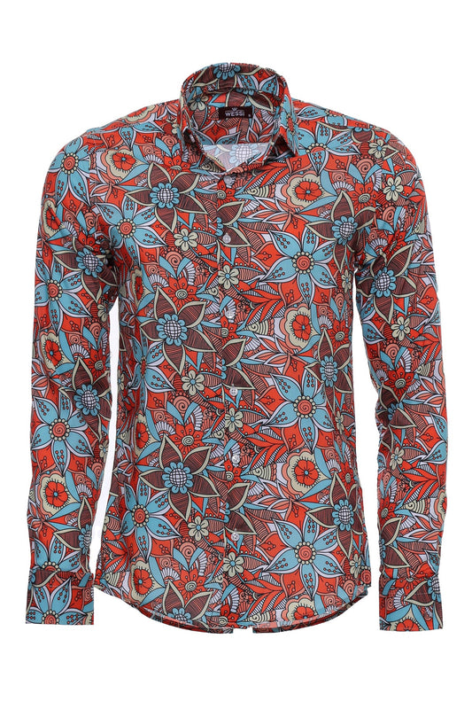 Blue Floral Slim-Fit Long Sleeve Red Men Shirt -