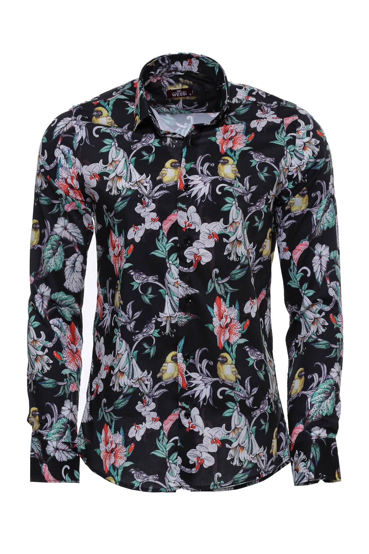 Floral Patterned Slim Fit Long Sleeves Black Men Shirt -