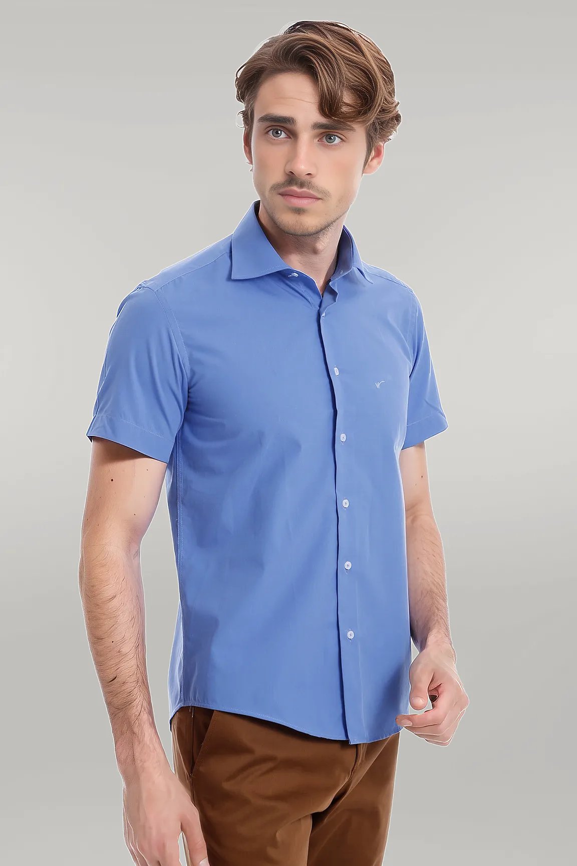 Short Sleeve Poly Cotton Slim Fit Blue Men Shirt