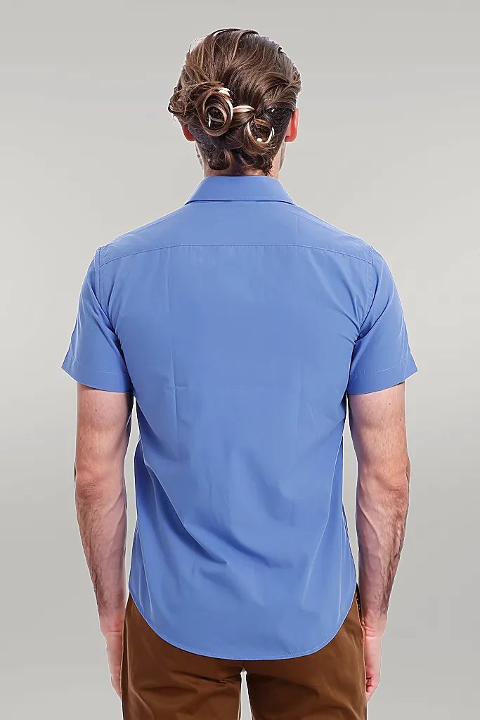 Short Sleeve Poly Cotton Slim Fit Blue Men Shirt