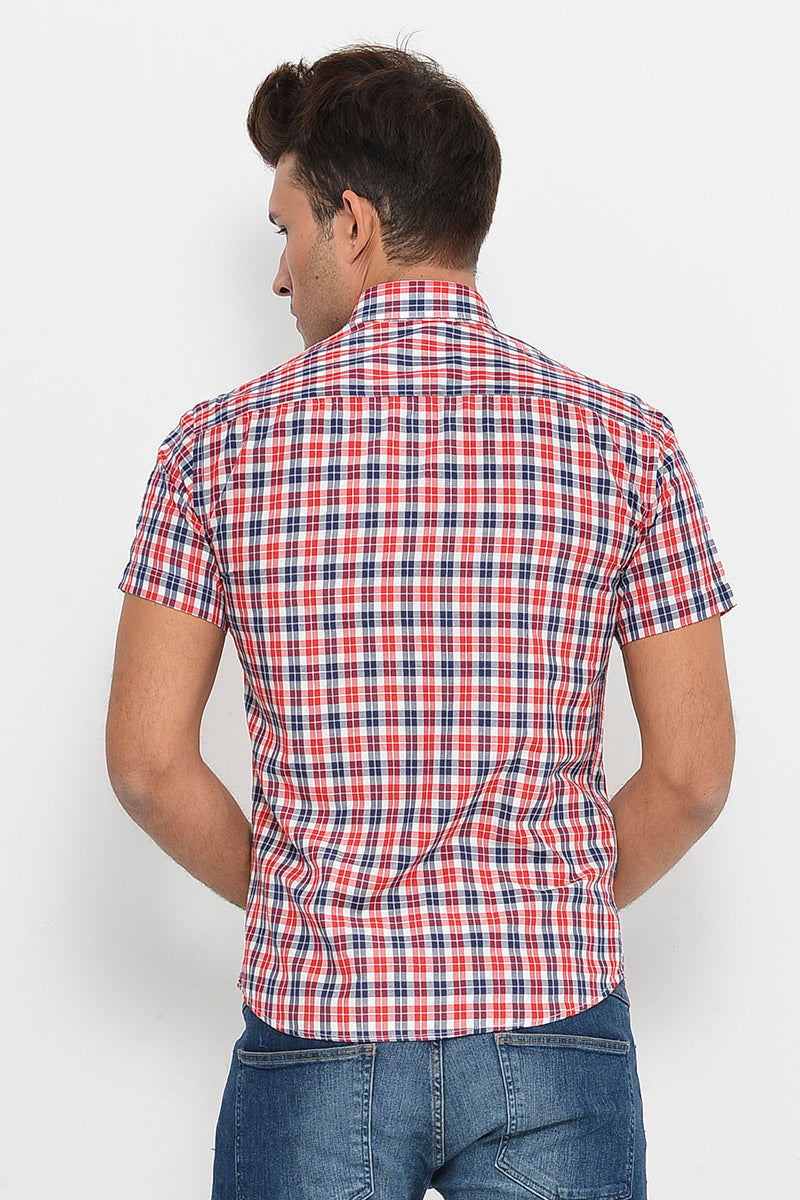 Checked Short Sleeves Navy Blue Men Shirt