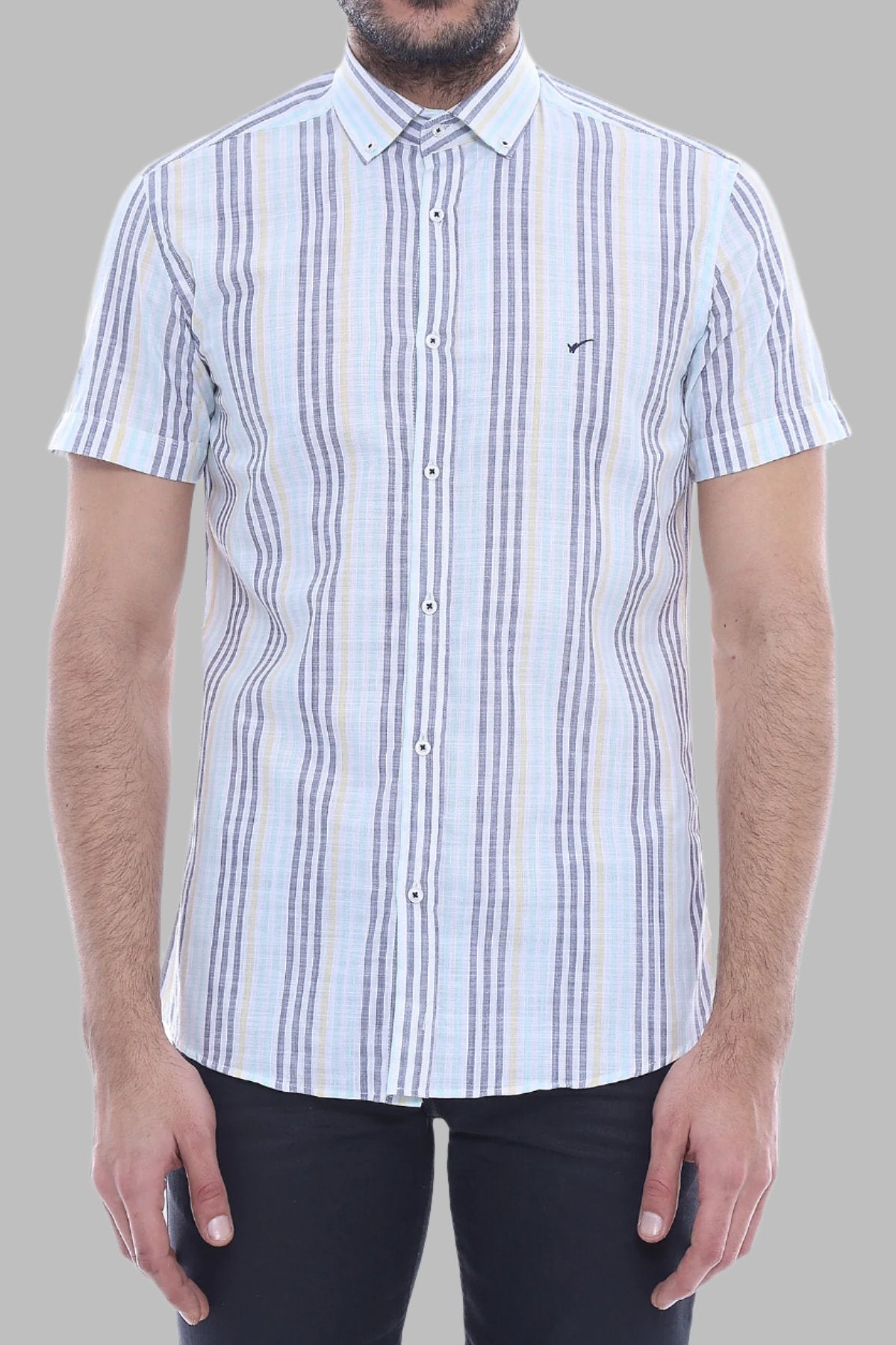 Striped Short Sleeves Men Blue Shirt