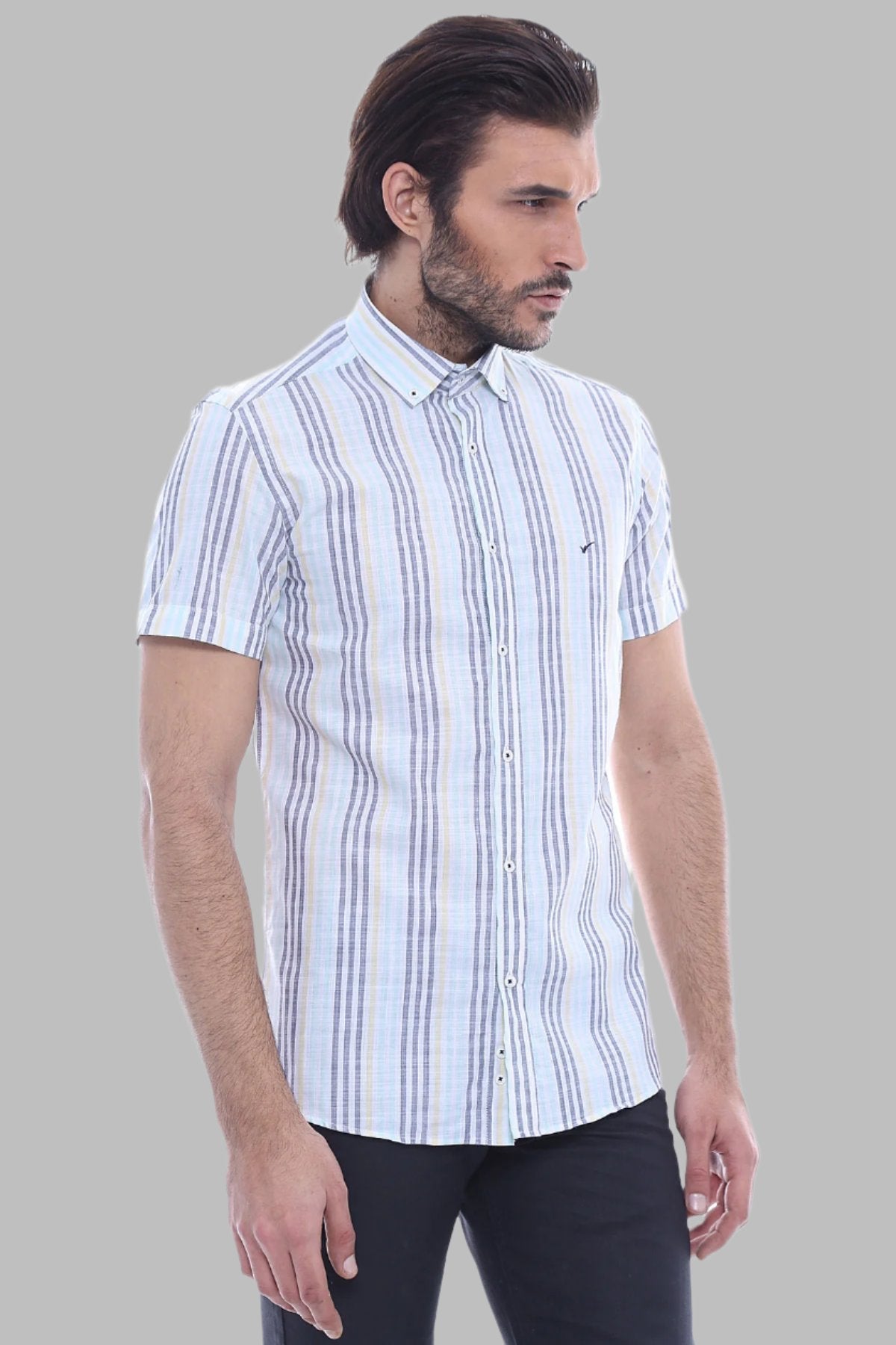 Striped Short Sleeves Men Blue Shirt