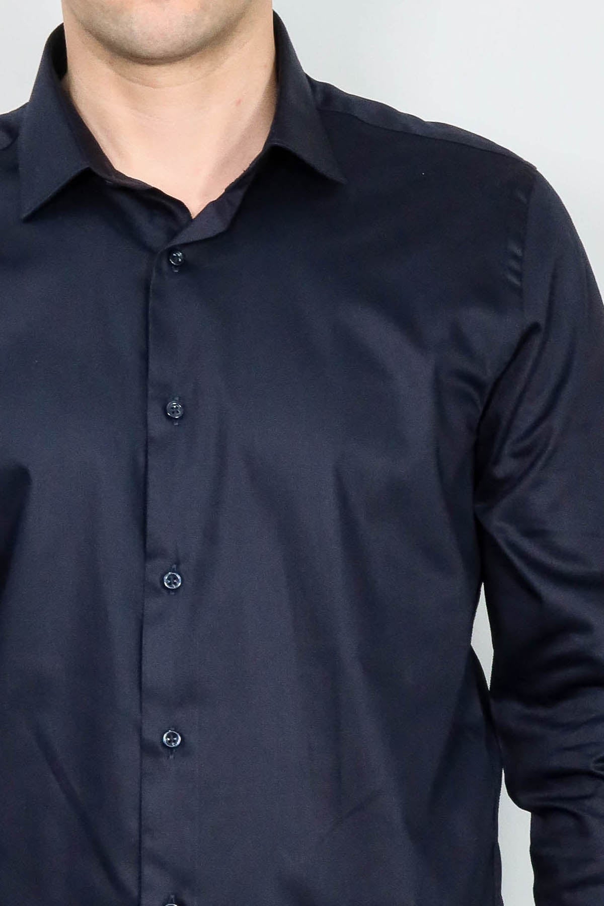 Cotton Satin Slim Fit Long Sleeves Plain Navy Blue Men Shirt - Wessi
