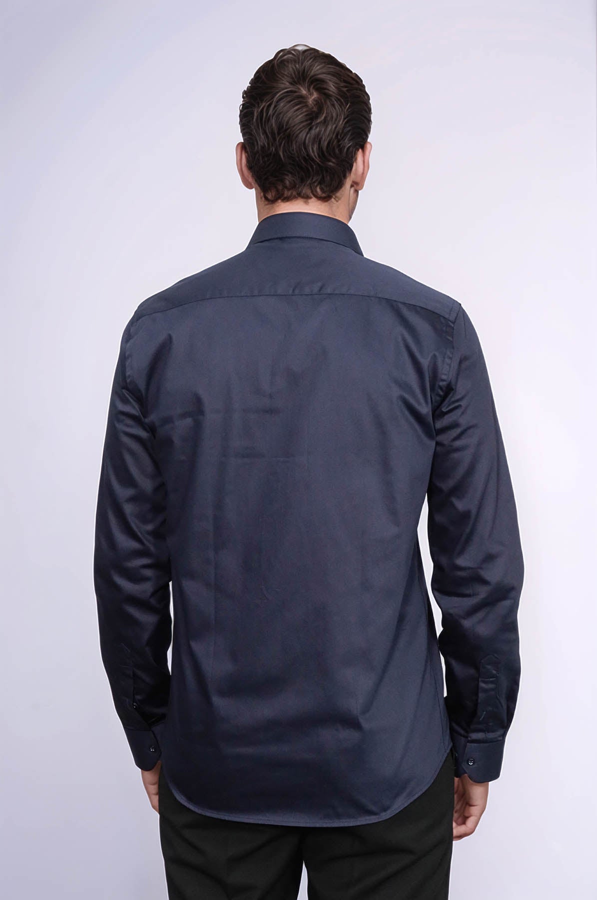 Cotton Satin Slim Fit Long Sleeves Plain Navy Blue Men Shirt - Wessi