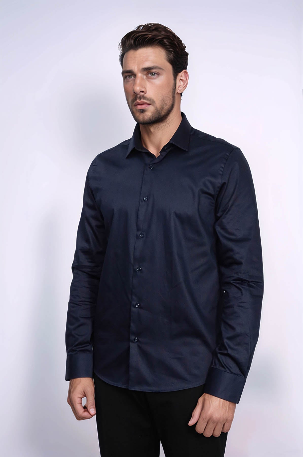 Cotton Satin Slim Fit Long Sleeves Plain Navy Blue Men Shirt - Wessi