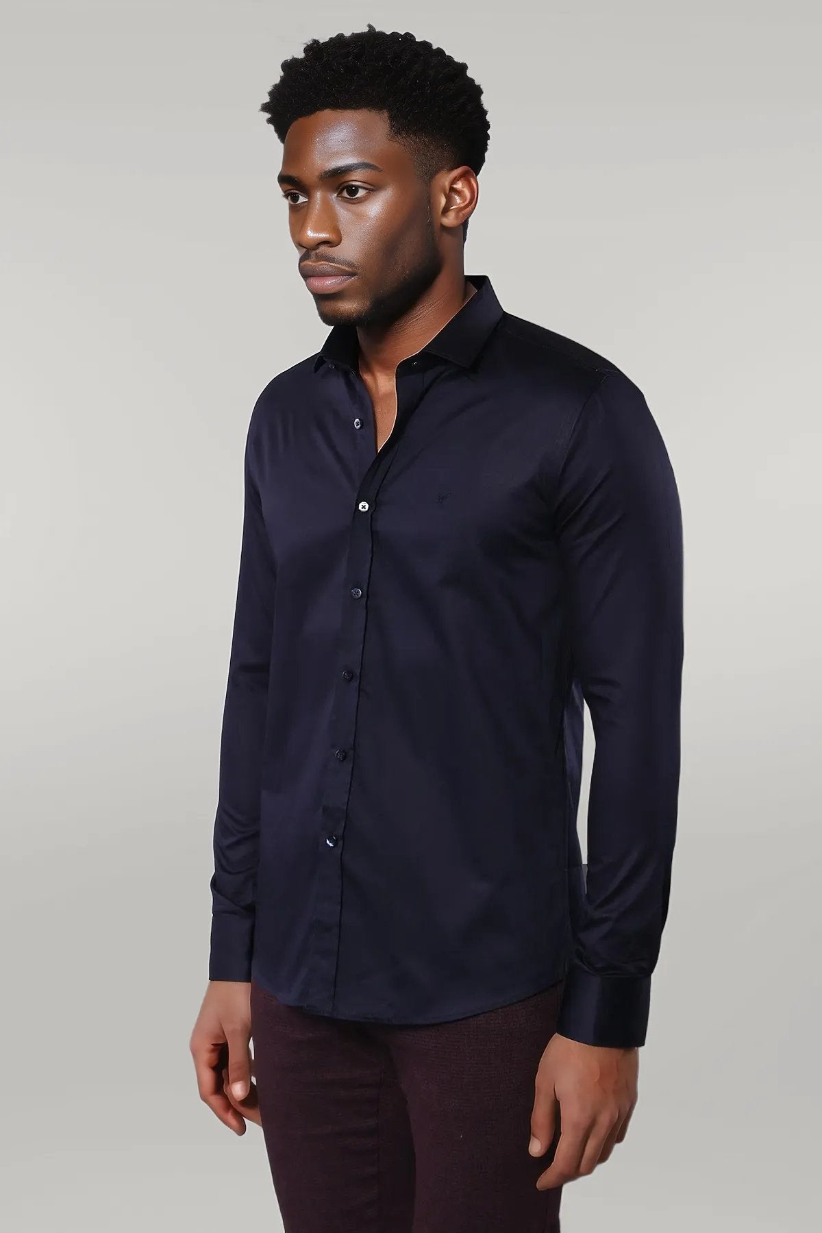 Cotton Satin Slim Fit Long Sleeves Plain Navy Blue Men Shirt -