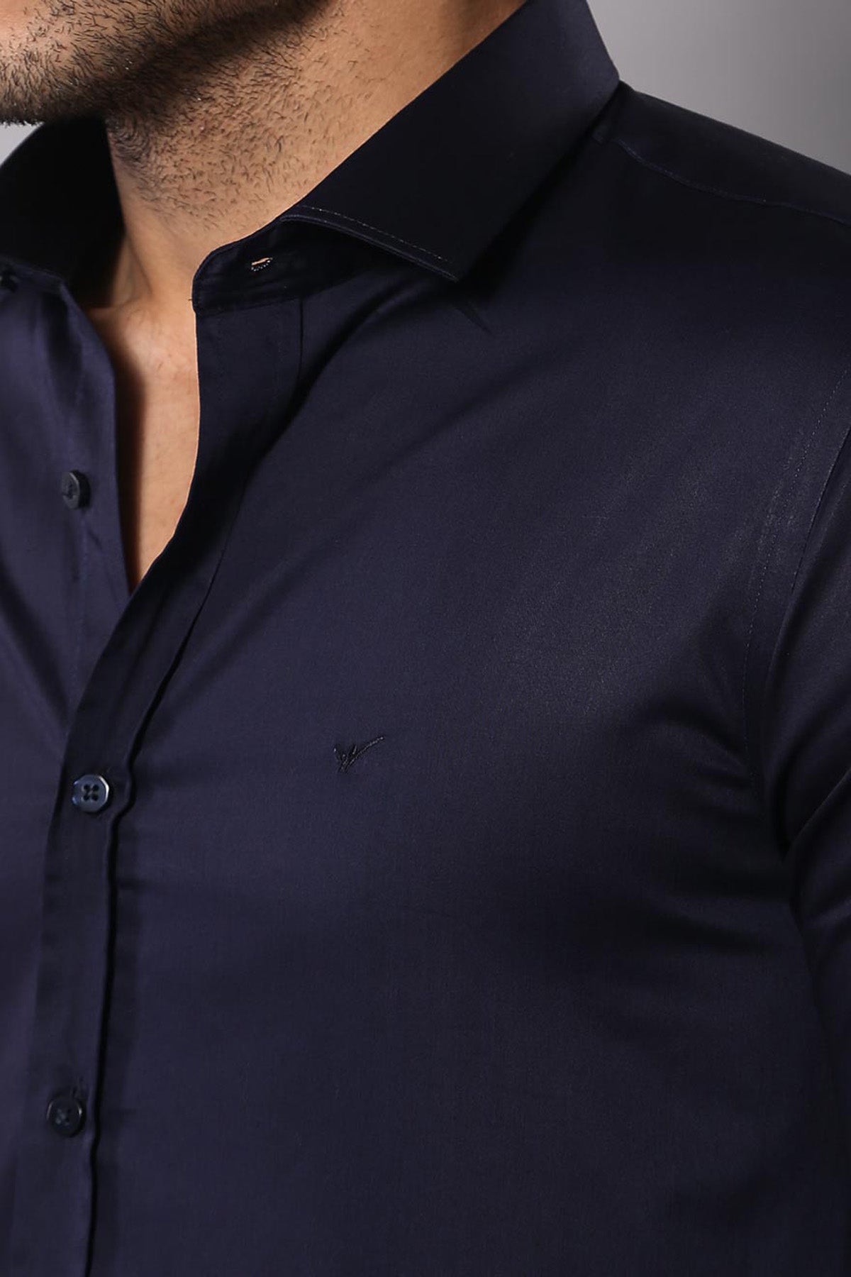 Cotton Satin Slim Fit Long Sleeves Plain Navy Blue Men Shirt -