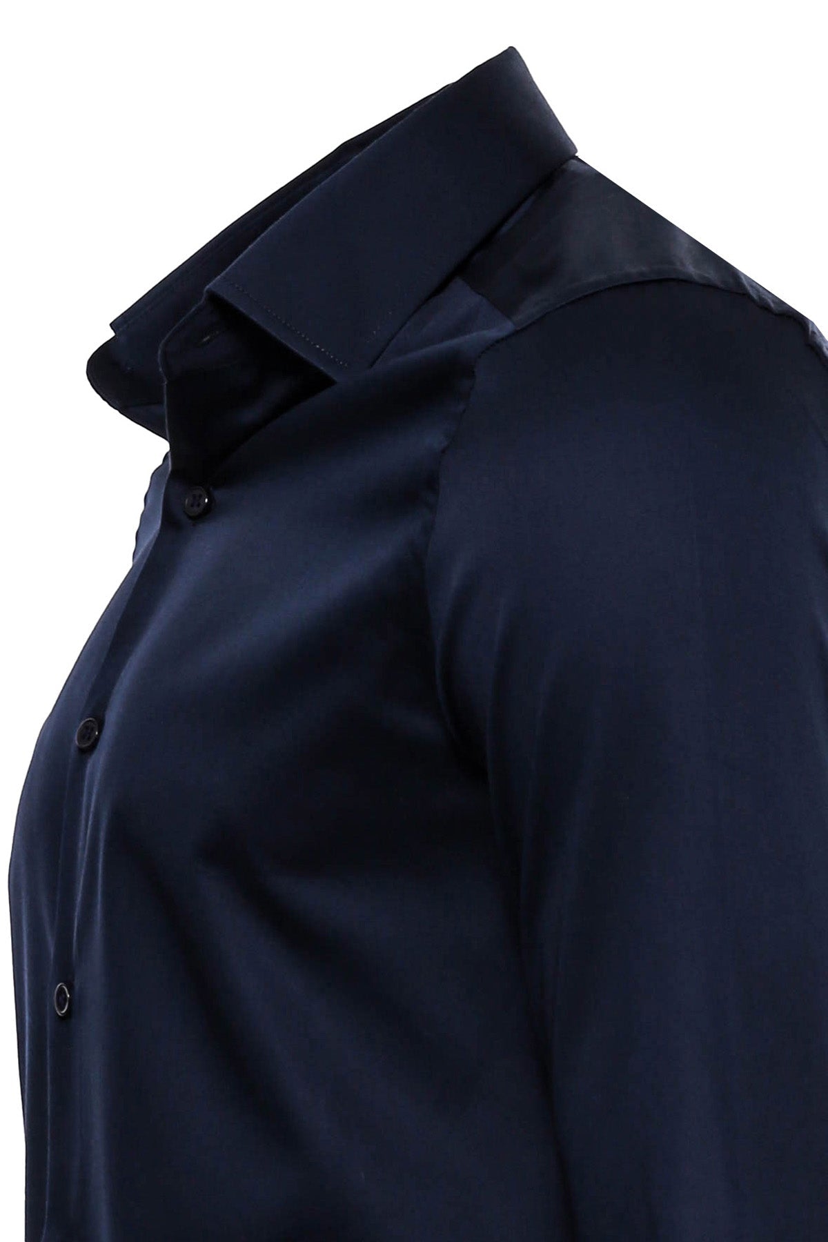 Cotton Satin Slim Fit Long Sleeves Plain Navy Blue Men Shirt -