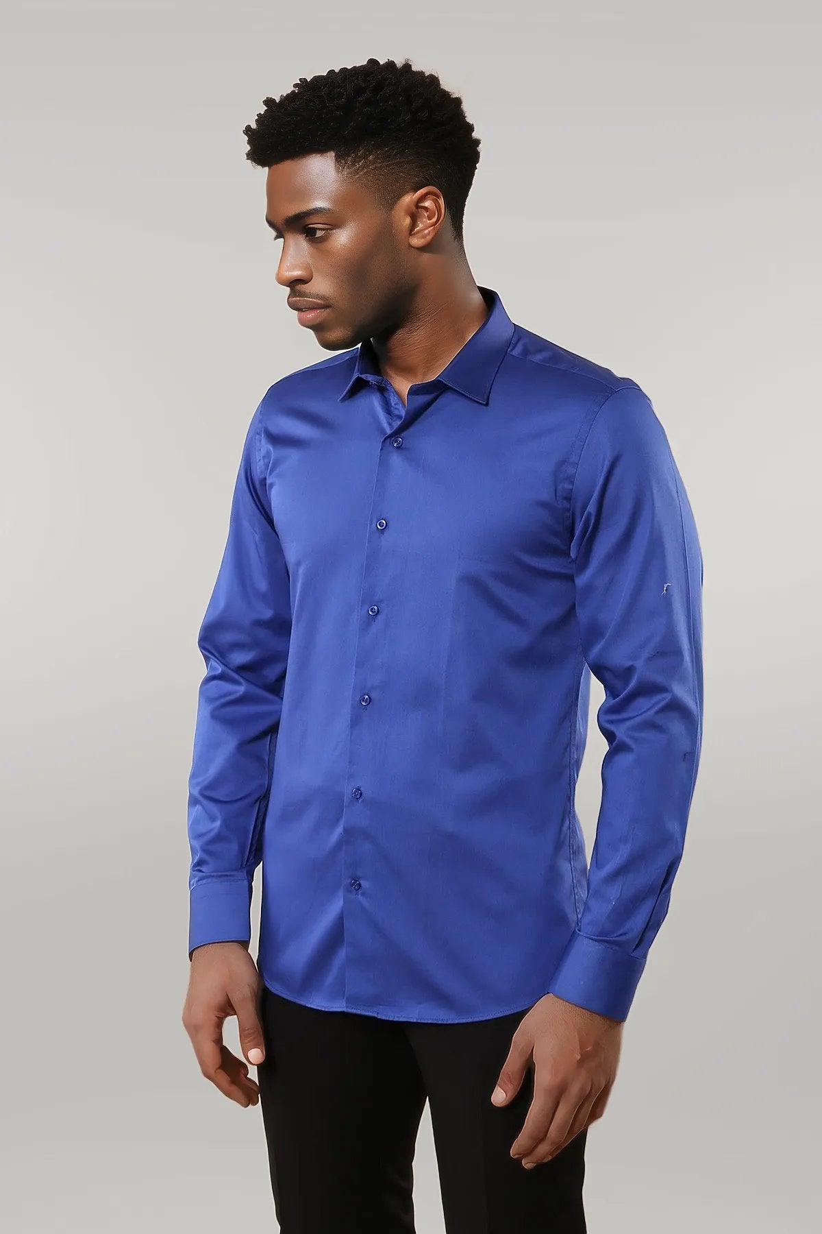 Cotton Satin Slim Fit Blue Men Shirt -
