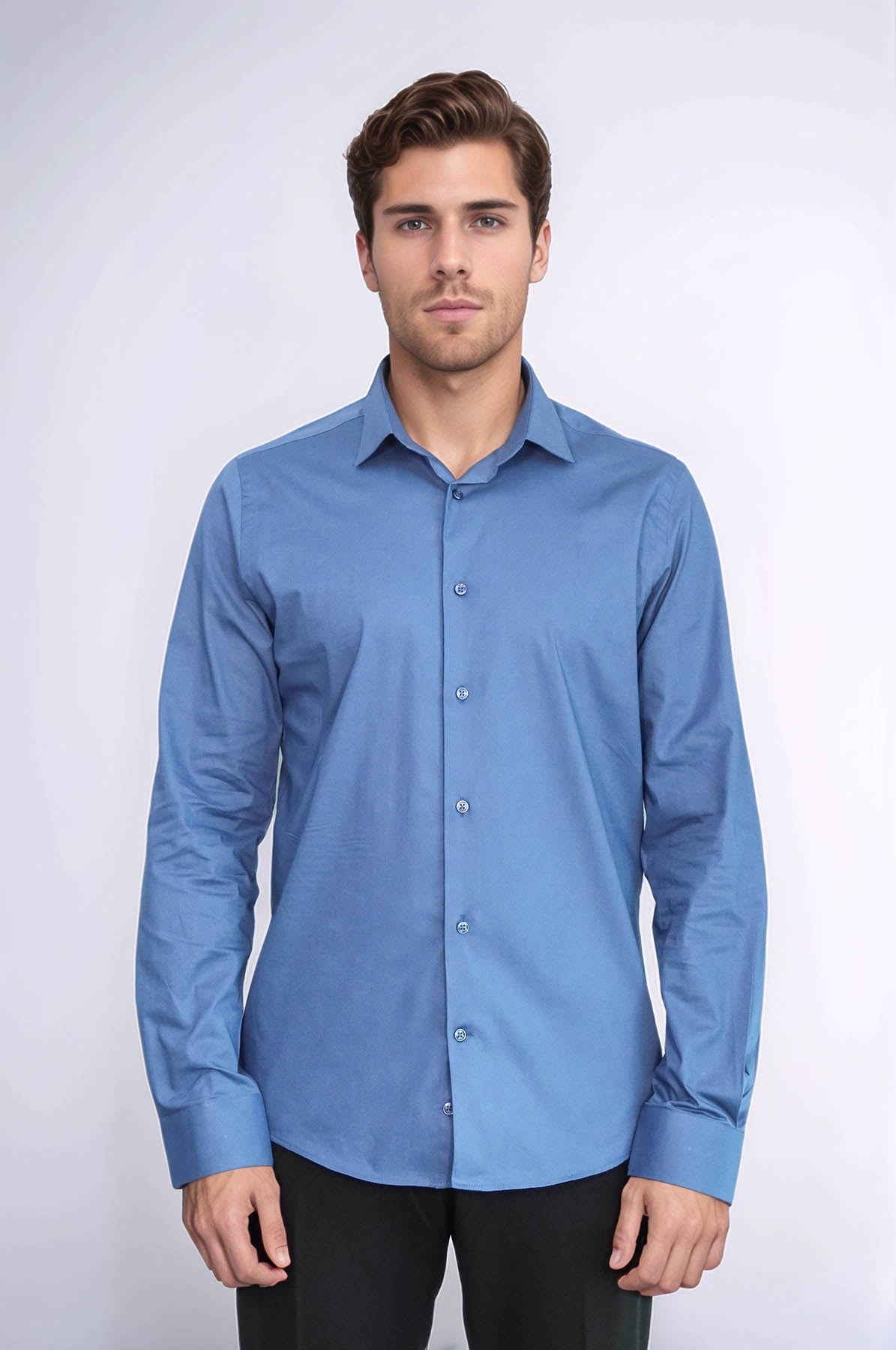 Long Sleeve Slim-Fit Navy Blue Men Shirt - Wessi
