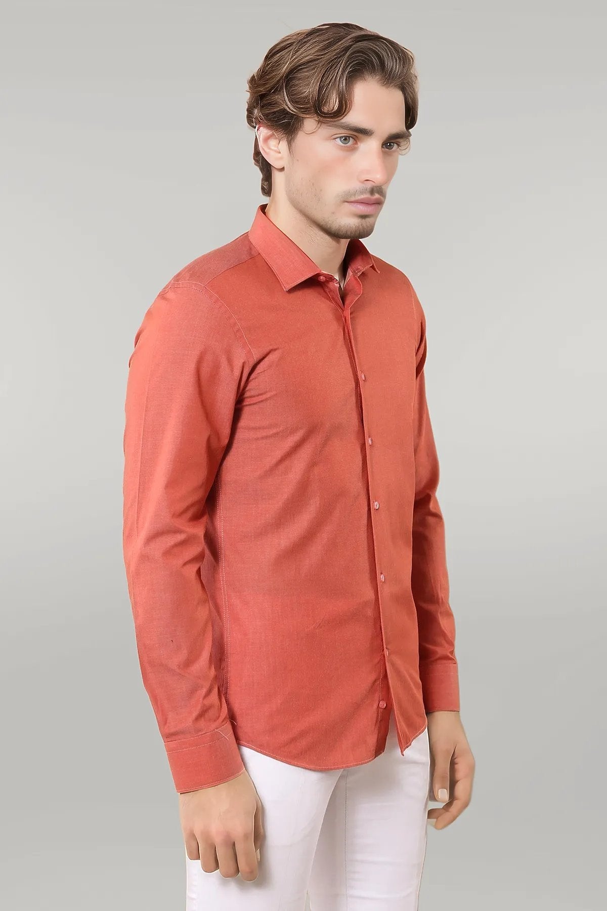 Plain Slim Fit Long Sleeves Salmon Color Men Shirt