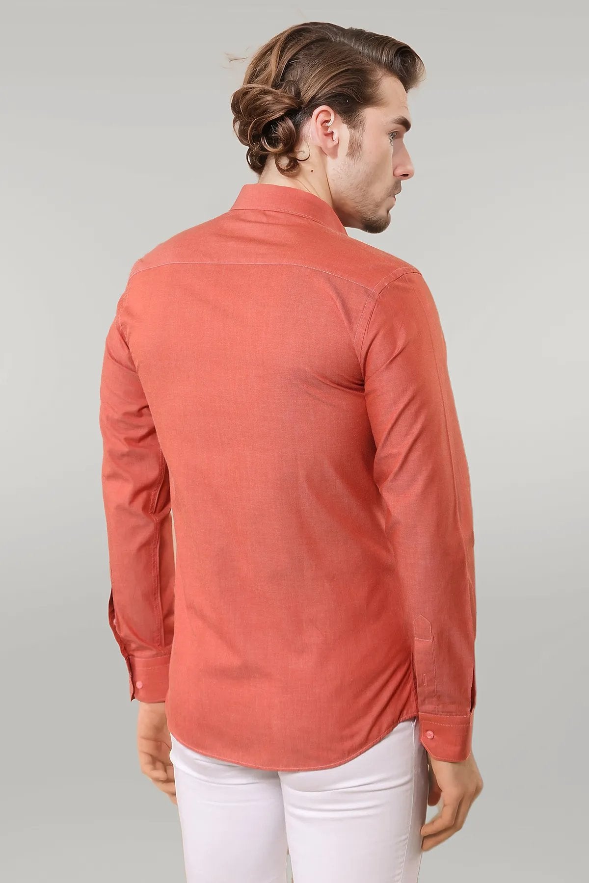 Plain Slim Fit Long Sleeves Salmon Color Men Shirt