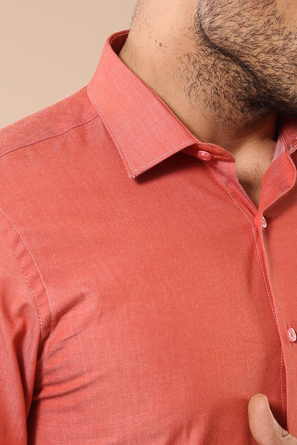Plain Slim Fit Long Sleeves Salmon Color Men Shirt